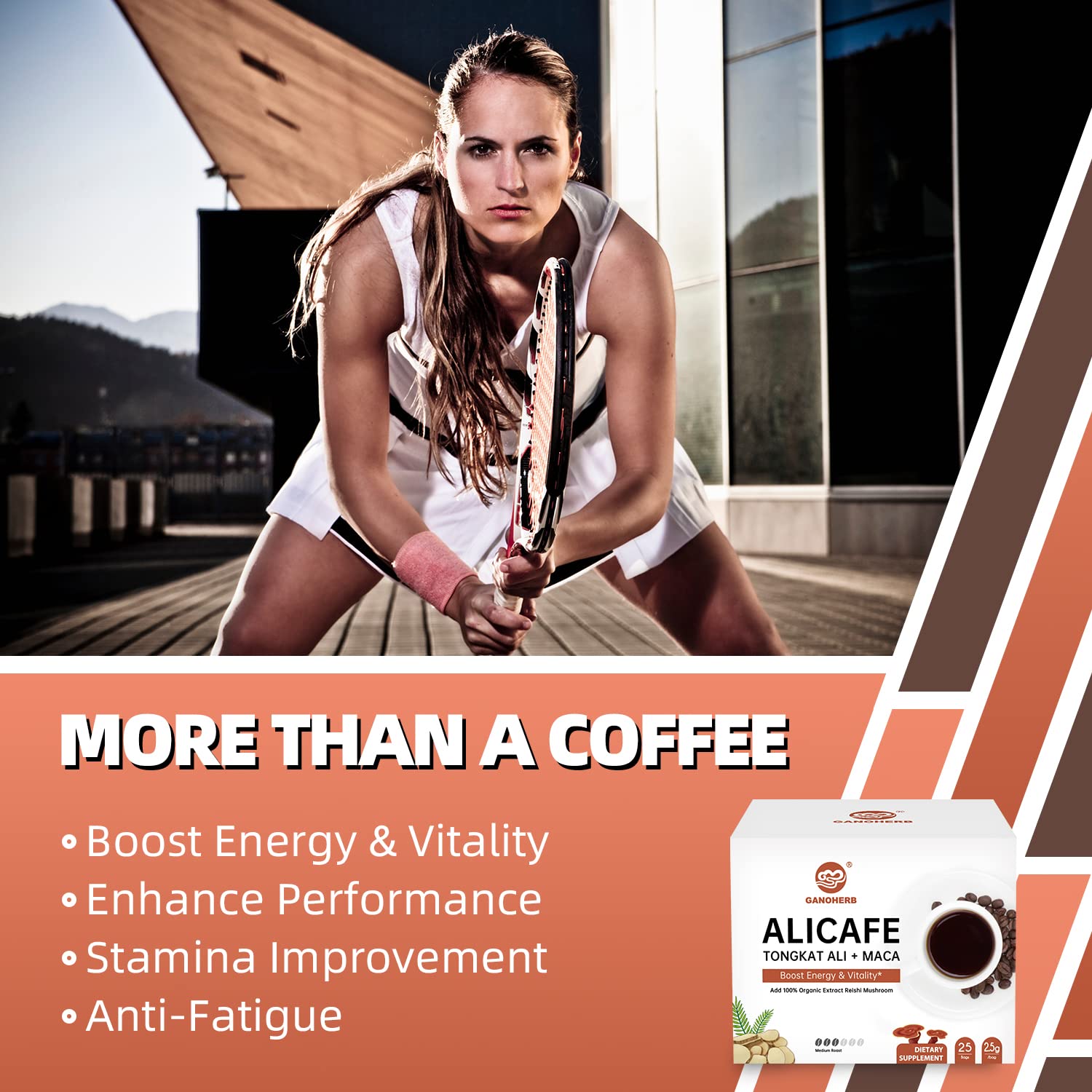 Organic Maca Energy Coffee with Tongkat Ali & Reishi Mushroom - Natural Herbal Coffee for Energy, Focus & Vitality - 25 Single-Serve Packets - Perfect for Workouts, Office & Morning Boost