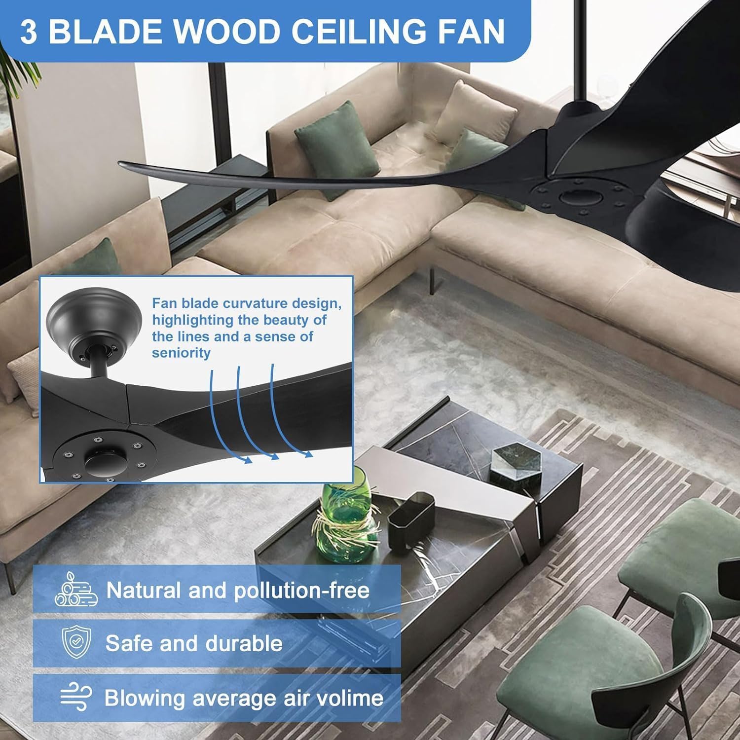 60 Inch Black Ceiling Fan No Light - High Airflow Outdoor Ceiling Fan with Remote Control - Modern 3-Blade Wood Ceiling Fan for Patio, Gazebo, Indoor & Sloped Ceiling Use - Perfect for Living Room, Bedroom, Porch & Covered Outdoor Spaces
