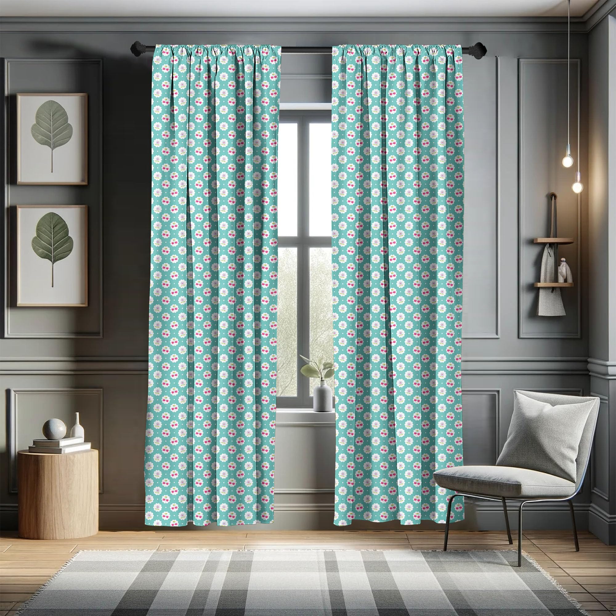 Ambesonne Seafoam Window Curtains - Abstract Cherry Floral Print Dotted Design, Lightweight 2-Panel Set with Rod Pocket, 28