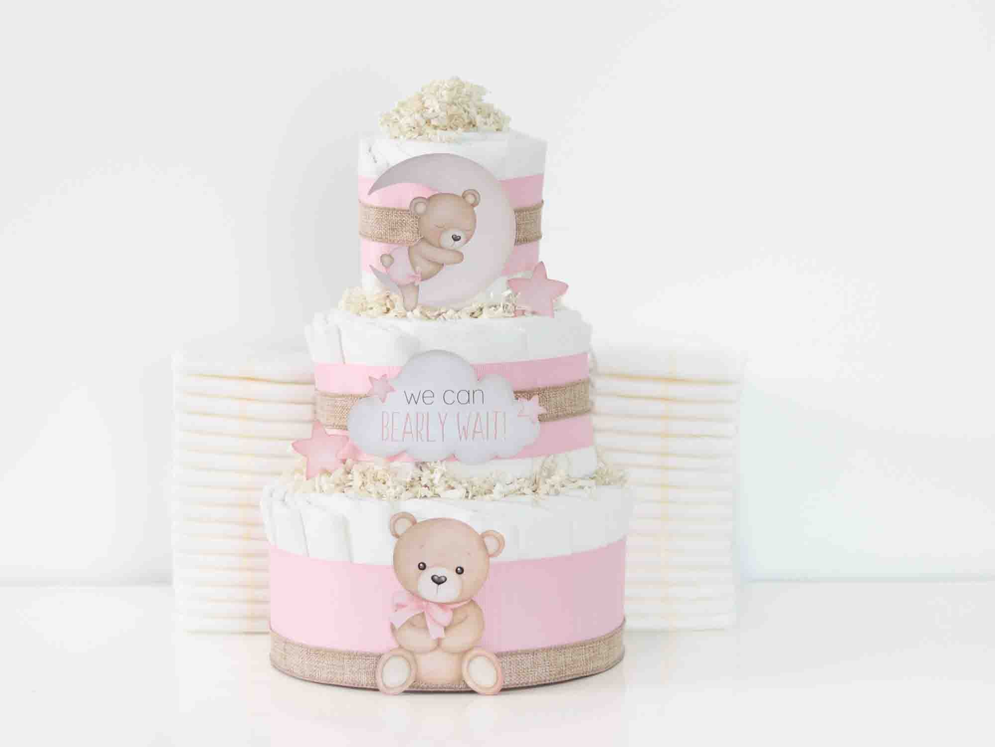 Pink Teddy Bear Diaper Cake Gift Set - Baby Shower, Newborn Celebration, Gender Reveal Party Decor - SKU: DCBG1007