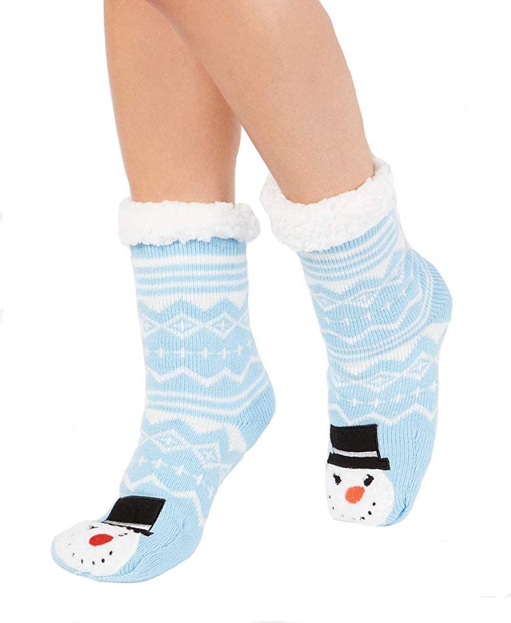 Charter Club Women's Cozy Snowman Slipper Socks - Light Blue Fleece Winter Booties for Indoor Comfort & Holiday Gifts