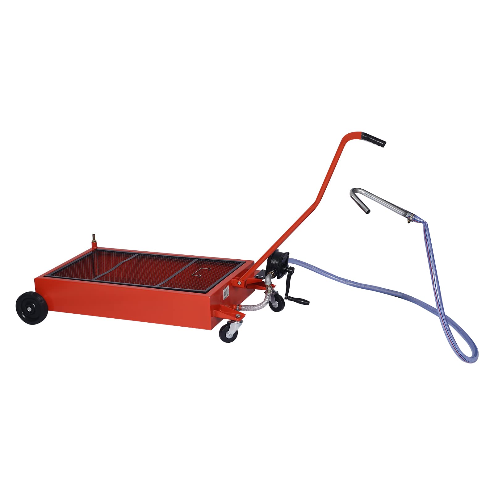 17 Gallon Oil Drain Pan with Hand Pump - Portable Low Profile Oil Change Tank for Cars, SUVs & Trucks - Large Capacity Oil Drain Pan with Hose & Swivel Caster Wheels - Perfect for DIY Auto Maintenance & Garage Oil Changes (Red)