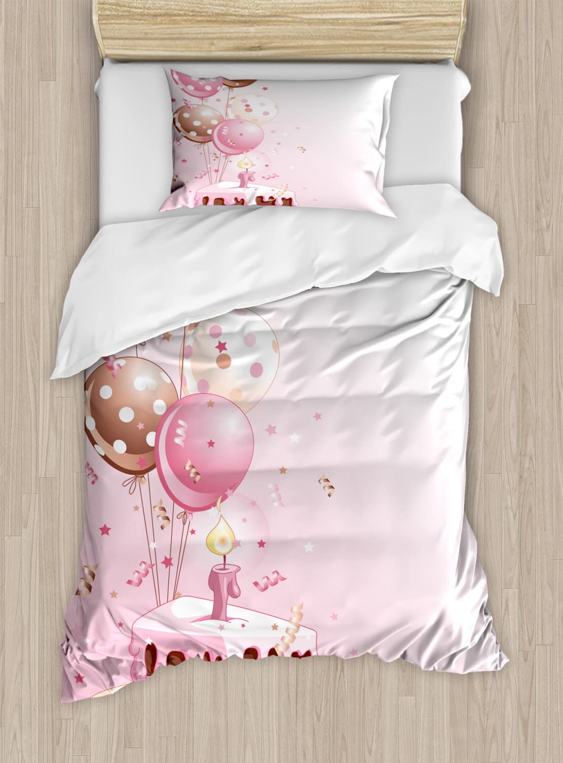 Ambesonne Birthday Duvet Cover Set - Strawberry Pink Cake Slice with Candles & Balloons Design | 2-Piece Twin Size Bedding Set (2 Duvet Covers + 2 Pillowcases) in Pink, Tan & Cream | Perfect for Birthday Parties, Kids' Rooms & Festive Bedroom Decor
