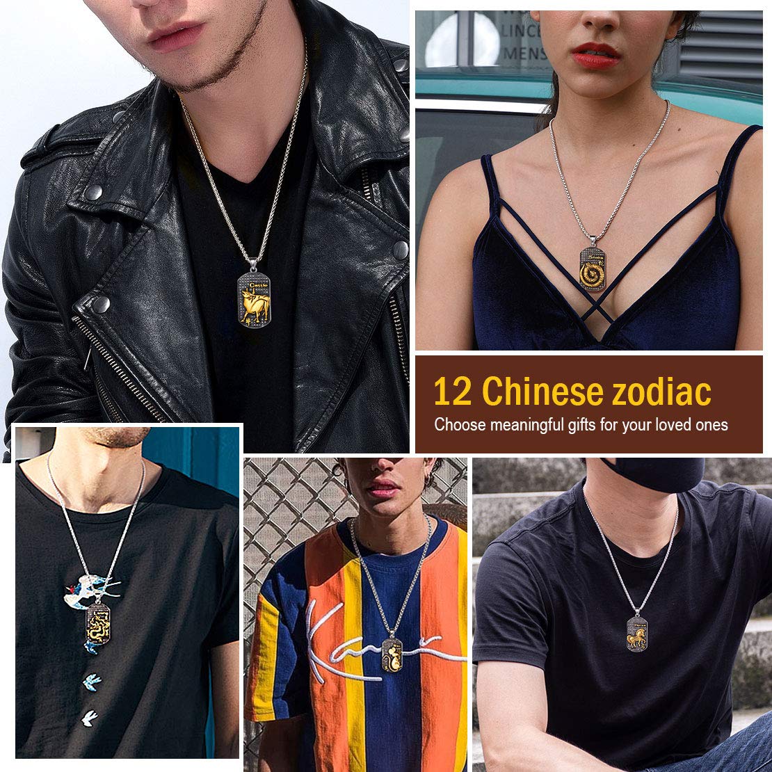 Vintage Chinese Zodiac Dog Tag Necklace for Men - Stainless Steel 18K Gold Plated Kanji Pendant, Custom Personalized Jewelry Gift | Birthday, Anniversary, Father's Day Present