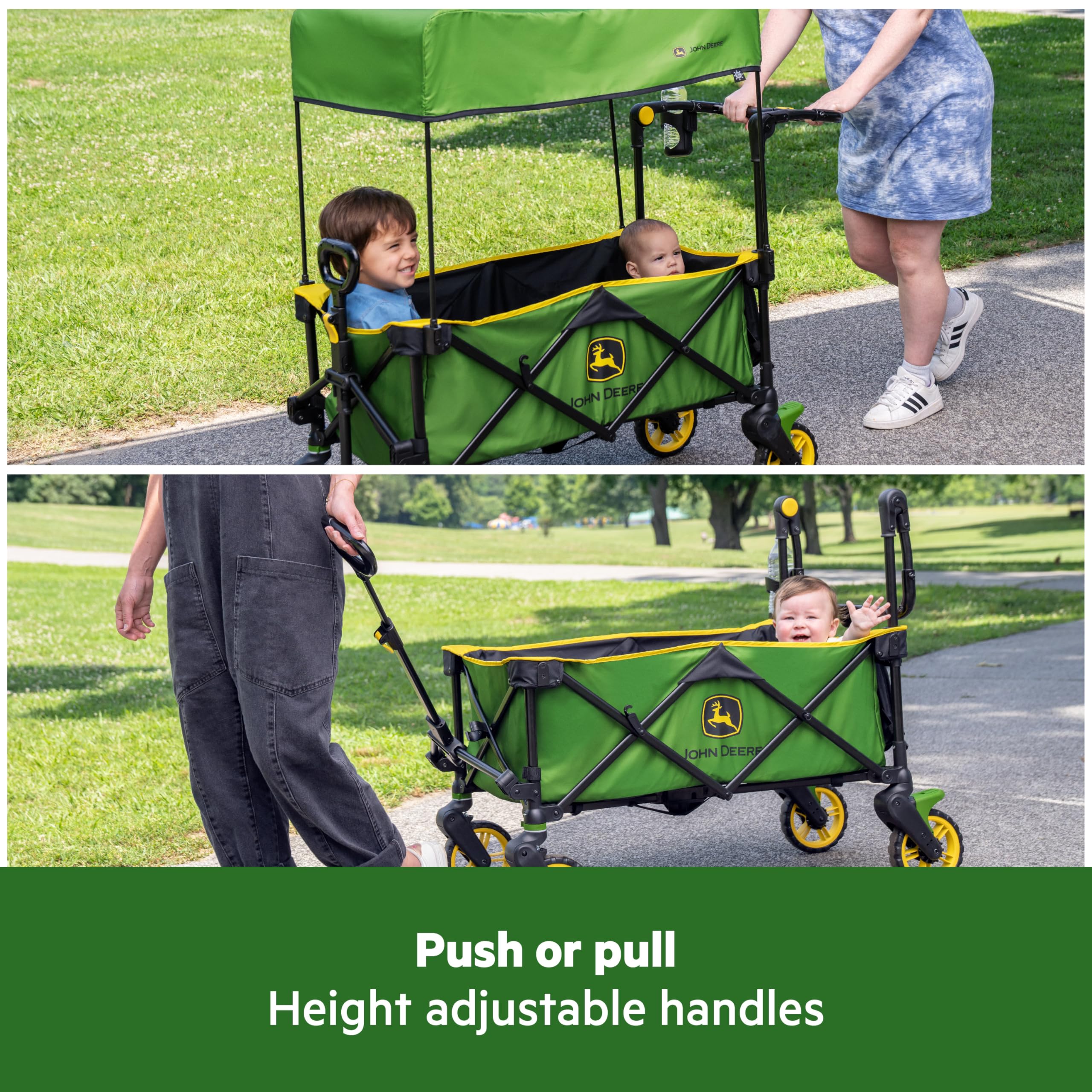Bright Starts John Deere Pop 'N Ride Foldable Stroller Wagon with 50+ SPF Sun Shade - 2-Seater Kids Wagon for Outdoor Adventures, Park Visits & Beach Trips - Green & Yellow Unisex Baby Carrier