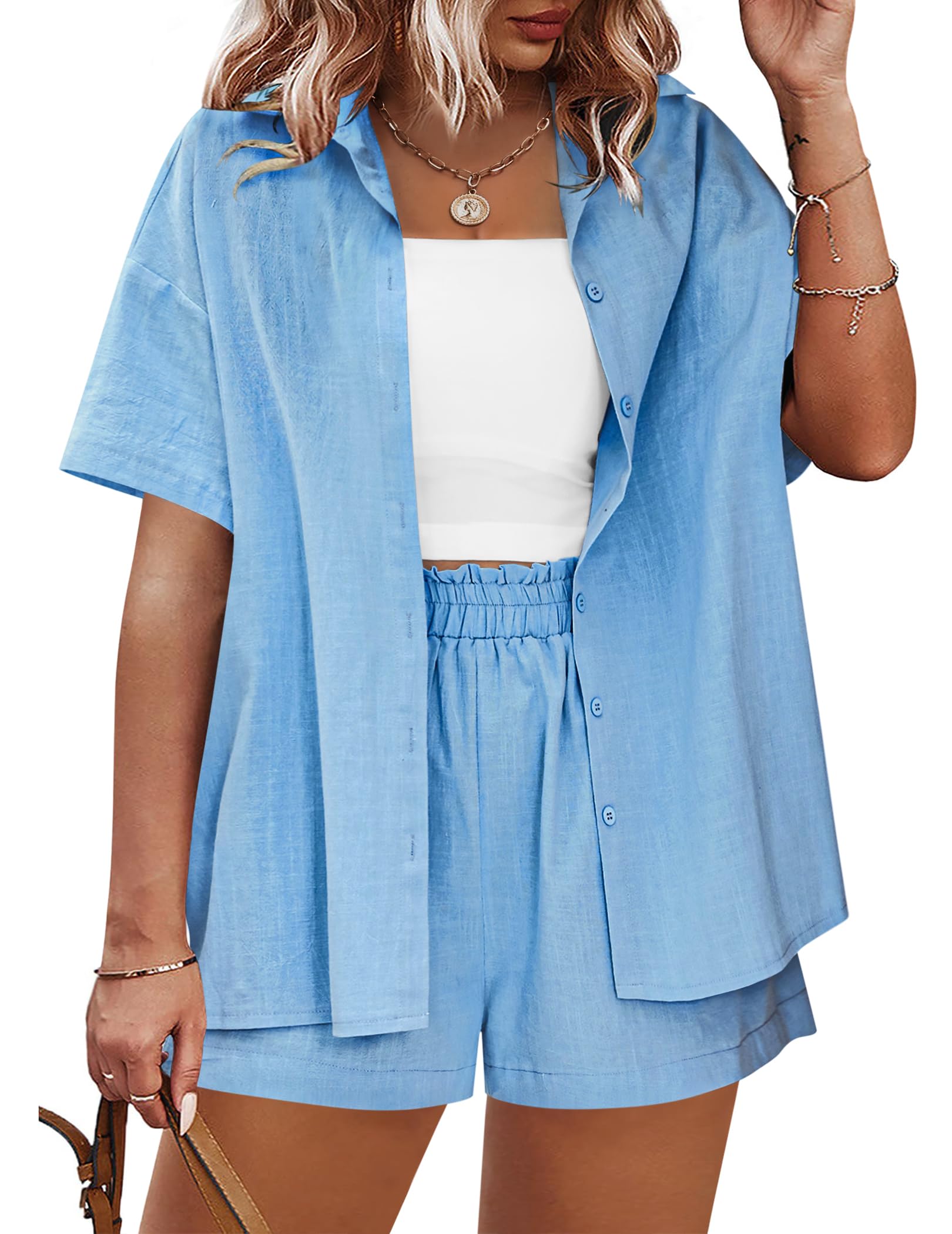 IN'VOLAND Women's Plus Size 2-Piece Cotton Linen Tracksuit Set - Short Sleeve Shirt & Casual Shorts for Summer | Perfect for Workout, Lounge, Travel & Everyday Comfort