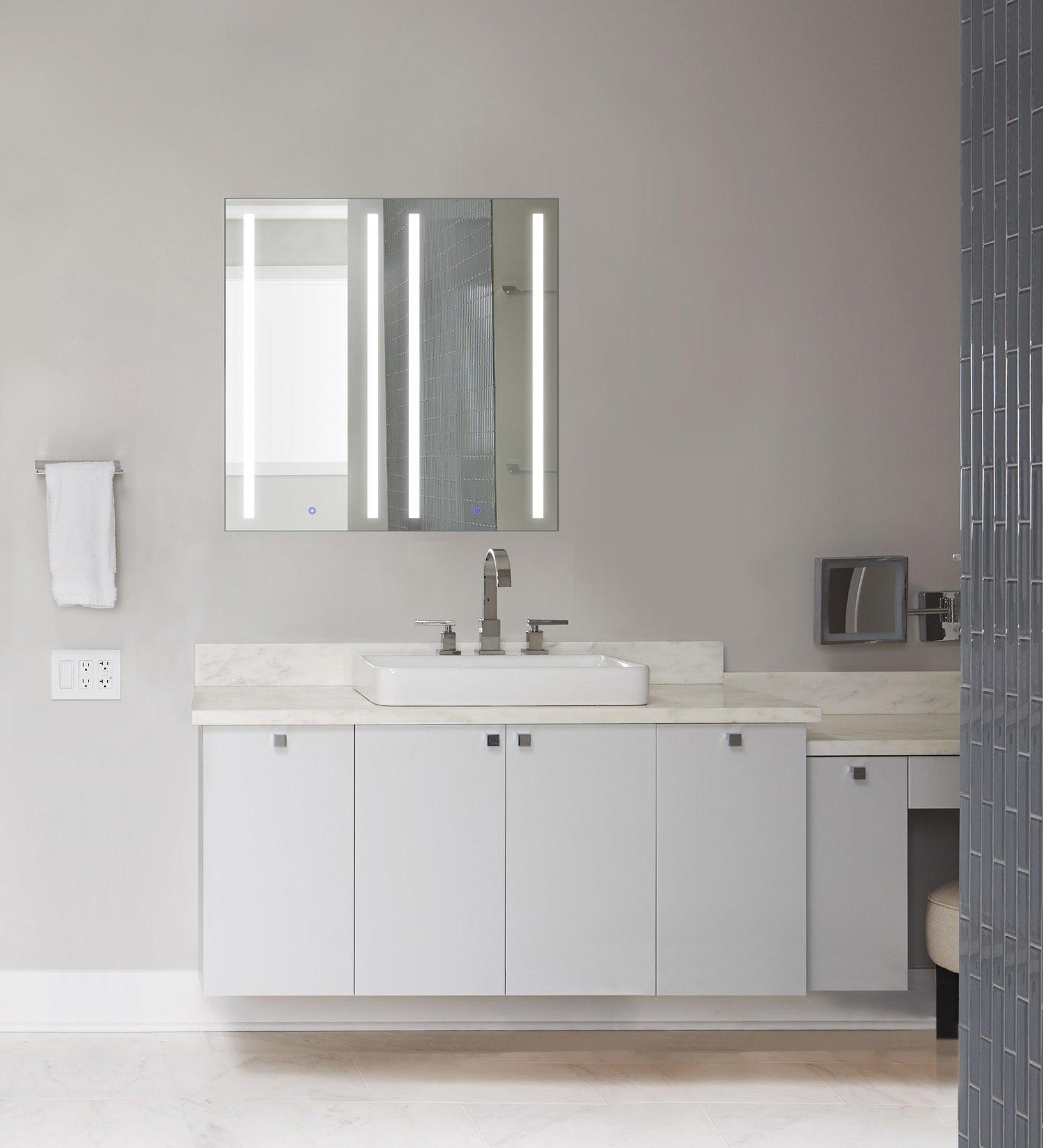 Krugg Kinetic 30x30 Inch LED Bathroom Mirror Medicine Cabinet with Adjustable Dimmer & Anti-Fog Defogger - Perfect for Modern Bathrooms, Vanities, and Spa-Like Home Decor
