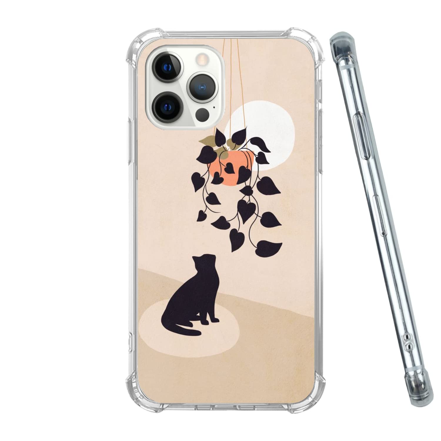 Oubliert Black Cat and Potted Plant iPhone 12 Pro Max Case - Aesthetic Boho Minimalist Cat Botanical Phone Cover | Trendy Unique Soft TPU Bumper Case for Women & Teens | Perfect for Nature Lovers, Cat Enthusiasts & Boho Style