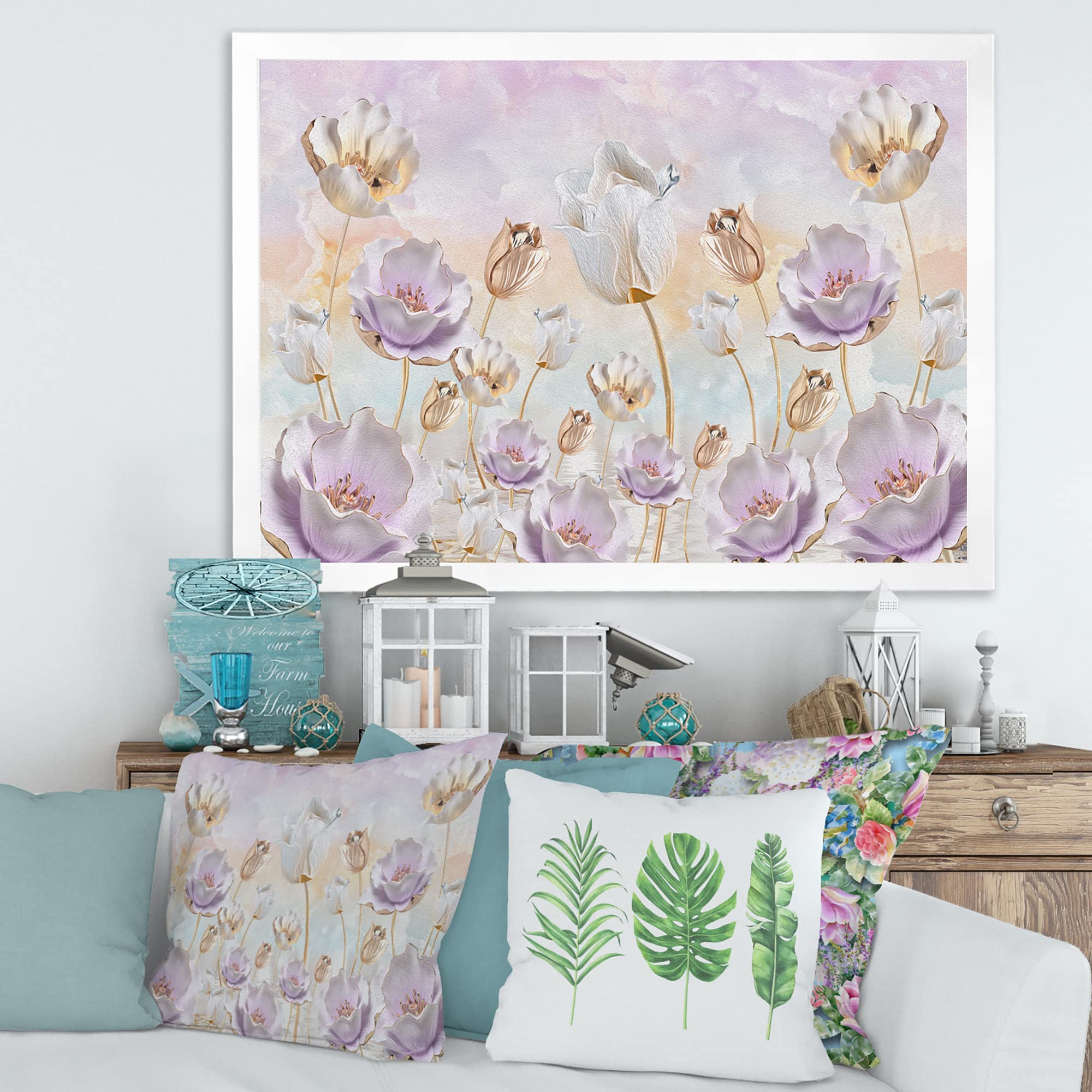 DesignQ Pastel Blossoming Flowers Traditional Framed Wall Art - Perfect for Living Room, Bedroom & Office Decor