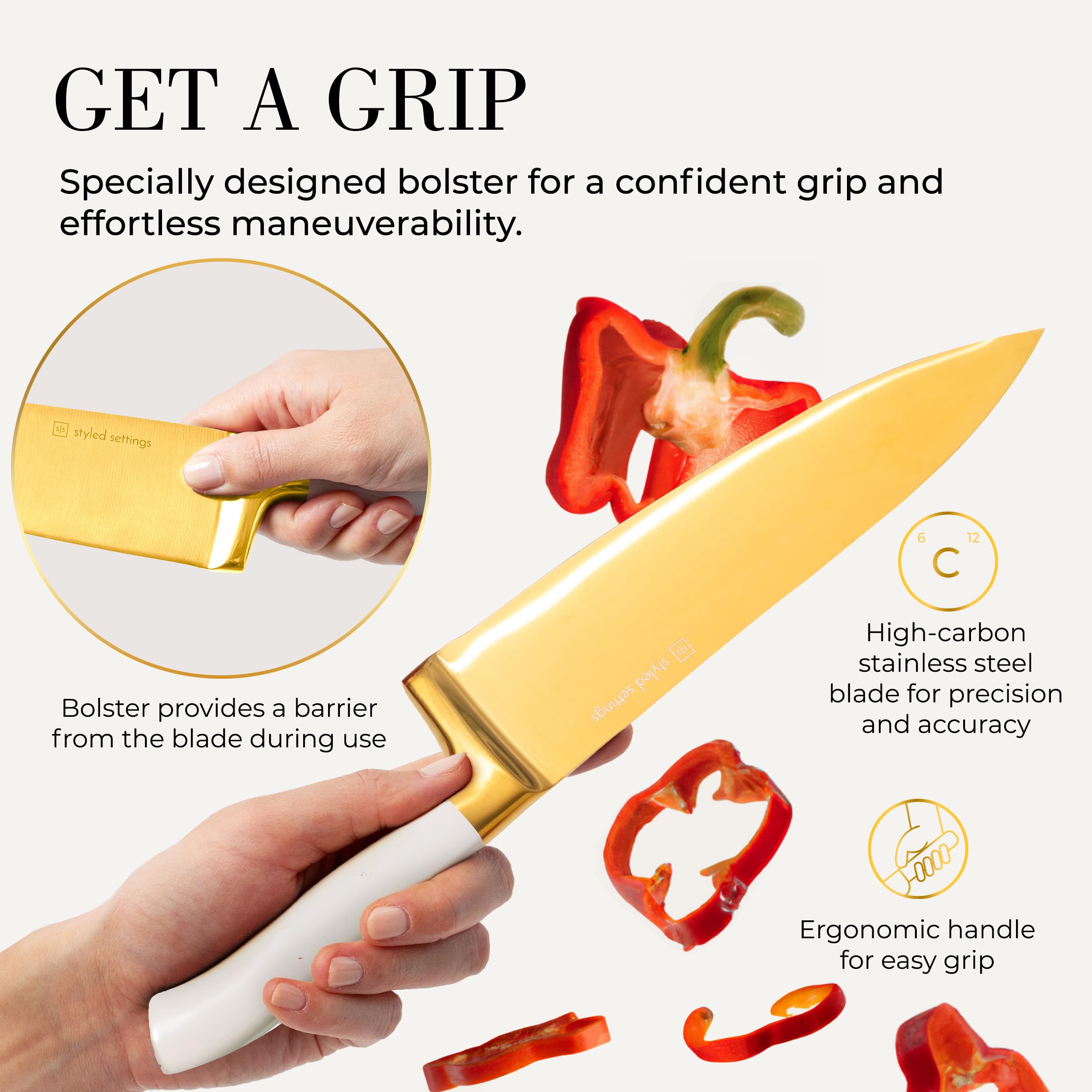 Premium 14-Piece Titanium Coated Gold Kitchen Knife Set with Self-Sharpening Block - Luxury Stainless Steel Knives with White Storage Block - Perfect for Home Chefs, Wedding Gifts & Kitchen Decor
