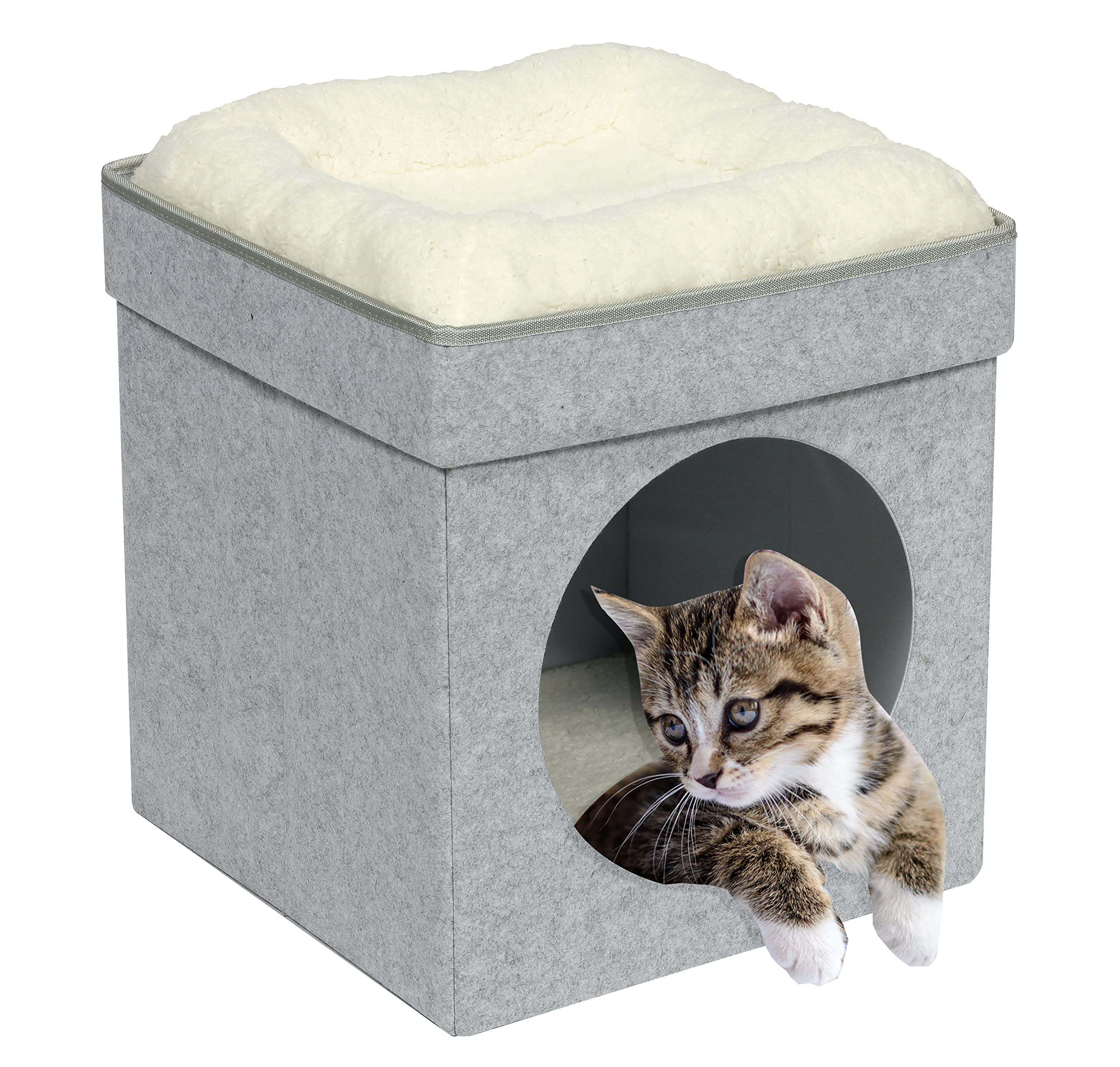 Folding Cat House Cube with Removable Bed - Light Grey Pet Condo for Indoor Cats & Small Dogs - Perfect for Home & Office