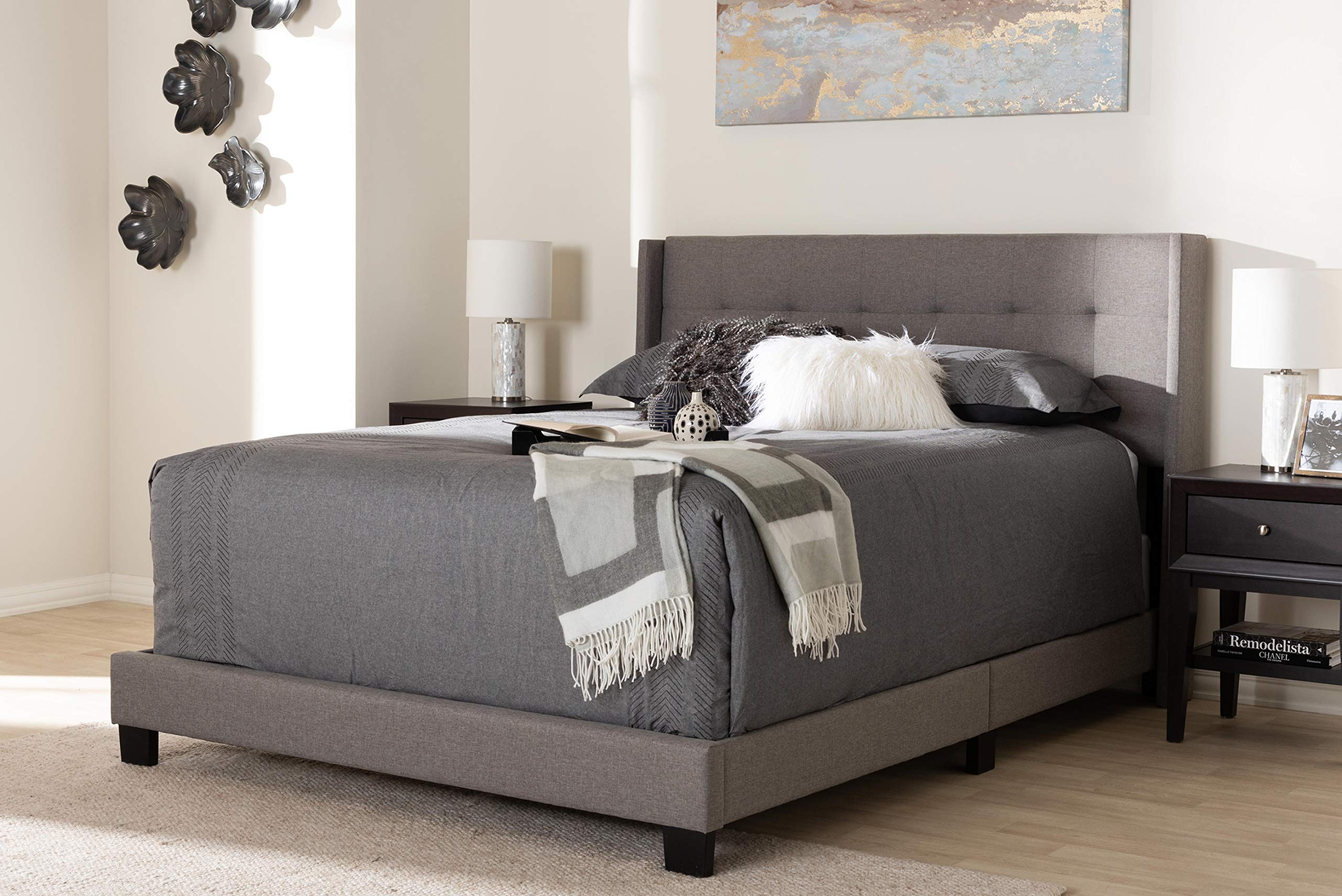 Baxton Studio Queen Size Bed Frame with Box Spring Required - Modern Grey Platform Bed for Bedroom, Guest Room, or Dorm