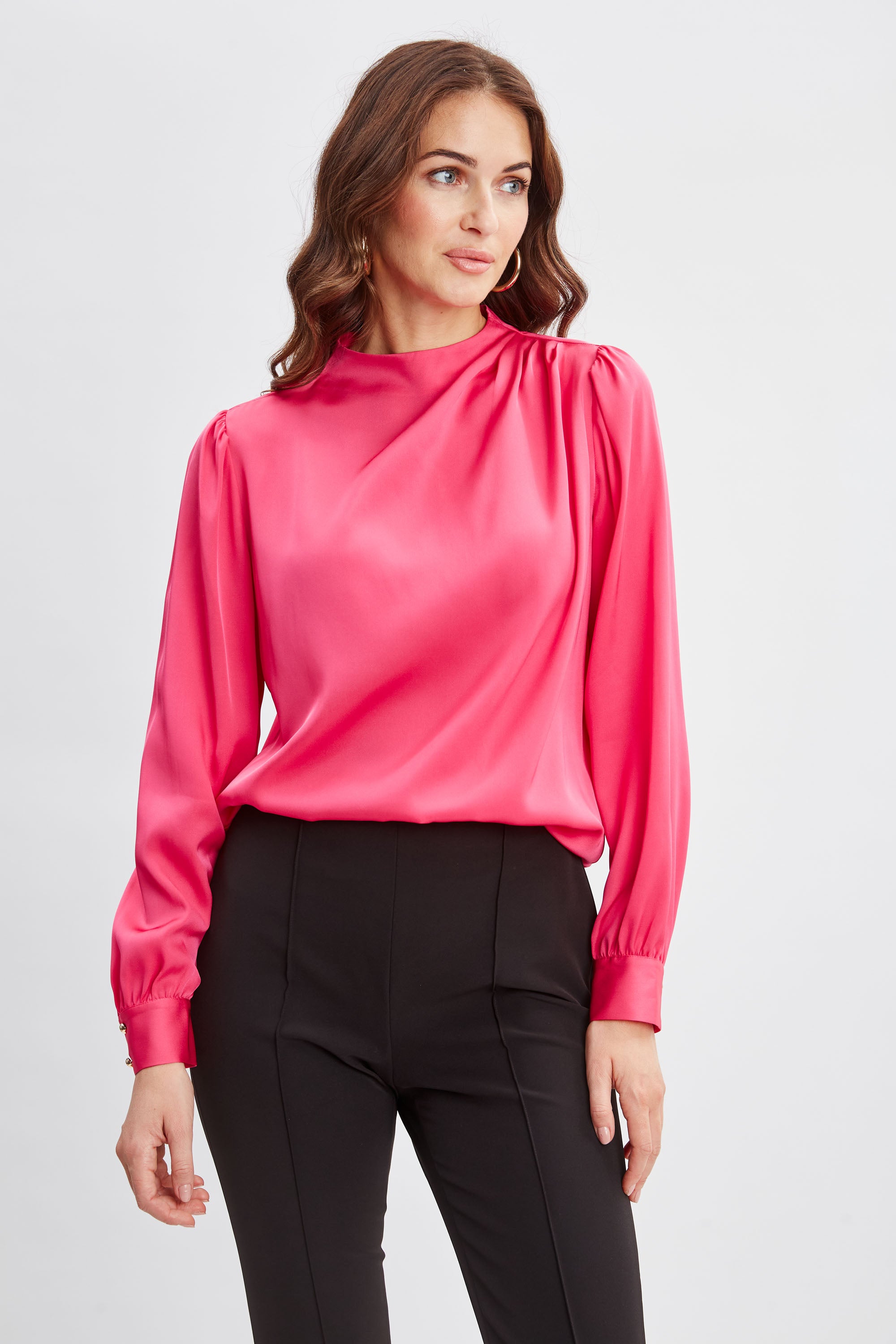 Elegant Silk Pleated Draped Neck Blouse for Women - Office Wear & Evening Party Outfit