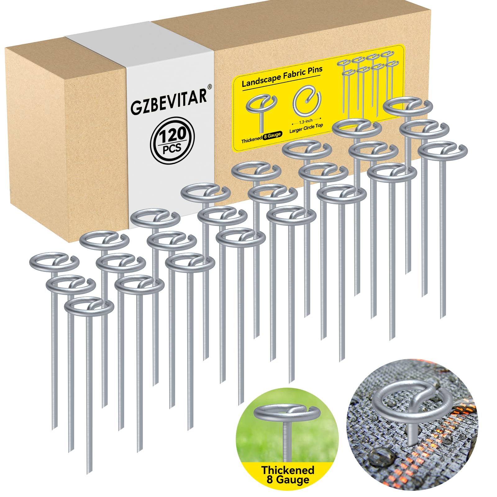 **8 Gauge Thickened Landscape Fabric Pins - 120 Pcs Heavy Duty 6 Inch Galvanized Garden Staples with Circle Top for Strong Holding Power | Ideal for Weed Barrier, Ground Cover, and Erosion Control**