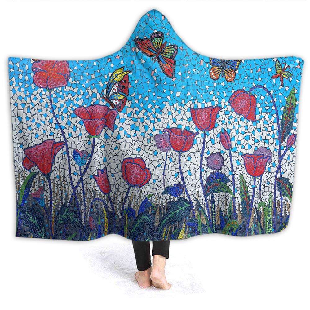 Moslion Hooded Blanket - Red Poppy & Butterfly Mosaic Design, 80x60 Inch Wearable Fleece Throw - Soft Plush Blanket for Adults, Home, Sofa & Bed - Perfect for Cozy Evenings, Movie Nights & Outdoor Camping