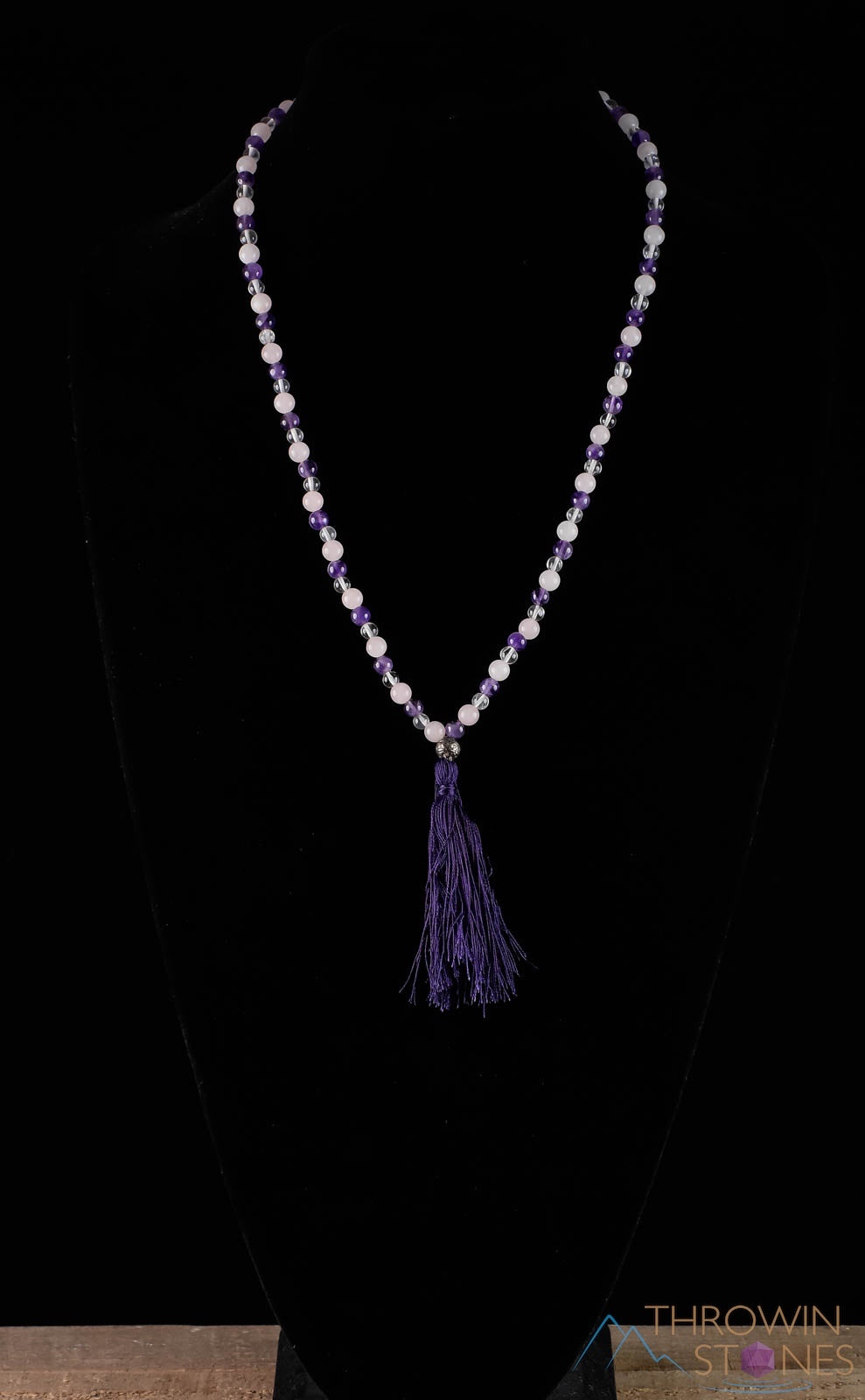 Handmade Amethyst Rose Quartz Clear Crystal Mala Beaded Necklace | Healing Stones Jewelry for Meditation Yoga & Spiritual Wellness E0538