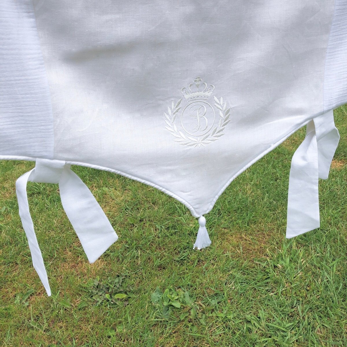 Embroidered Crown Monogram Tassel Linen Crib Rail Cover - Soft Baby Crib Bumper Protector for Nursery Decor & Infant Safety