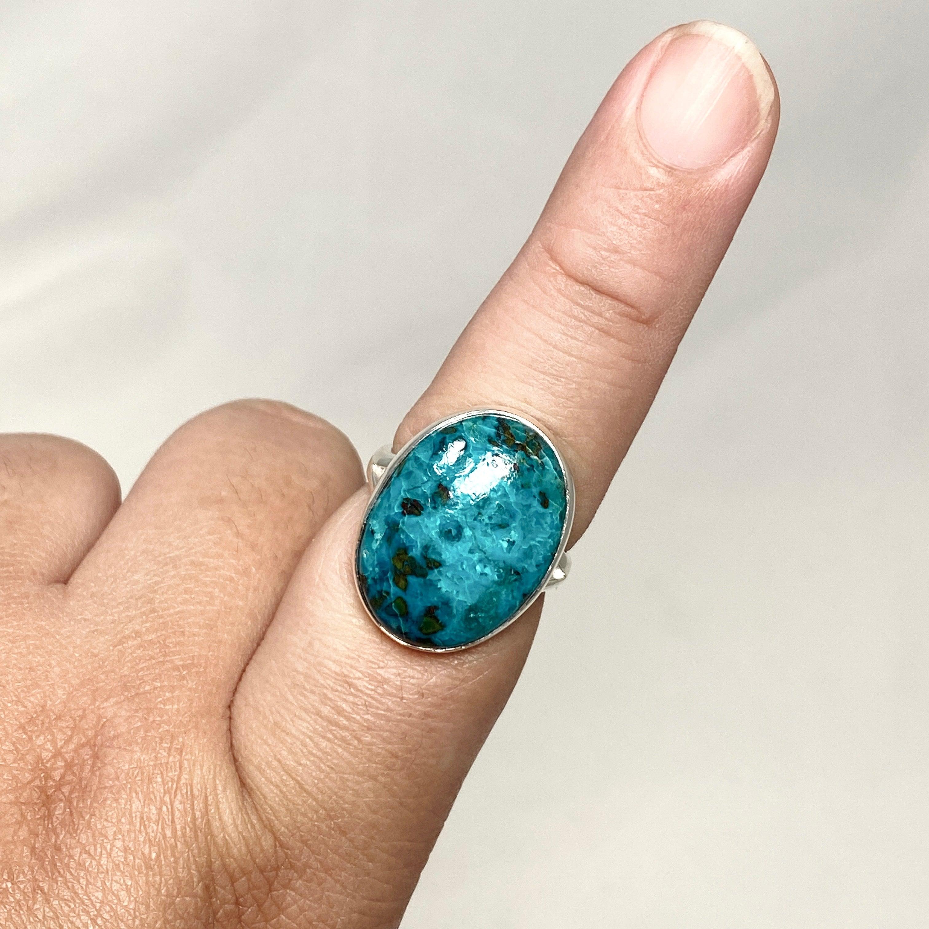 Chrysocolla Shattuckite Dioptase Oval Split Band Ring Size 9 - Natural Gemstone Jewelry for Women, Healing Crystal Ring for Meditation & Energy Work - KRGJ3230