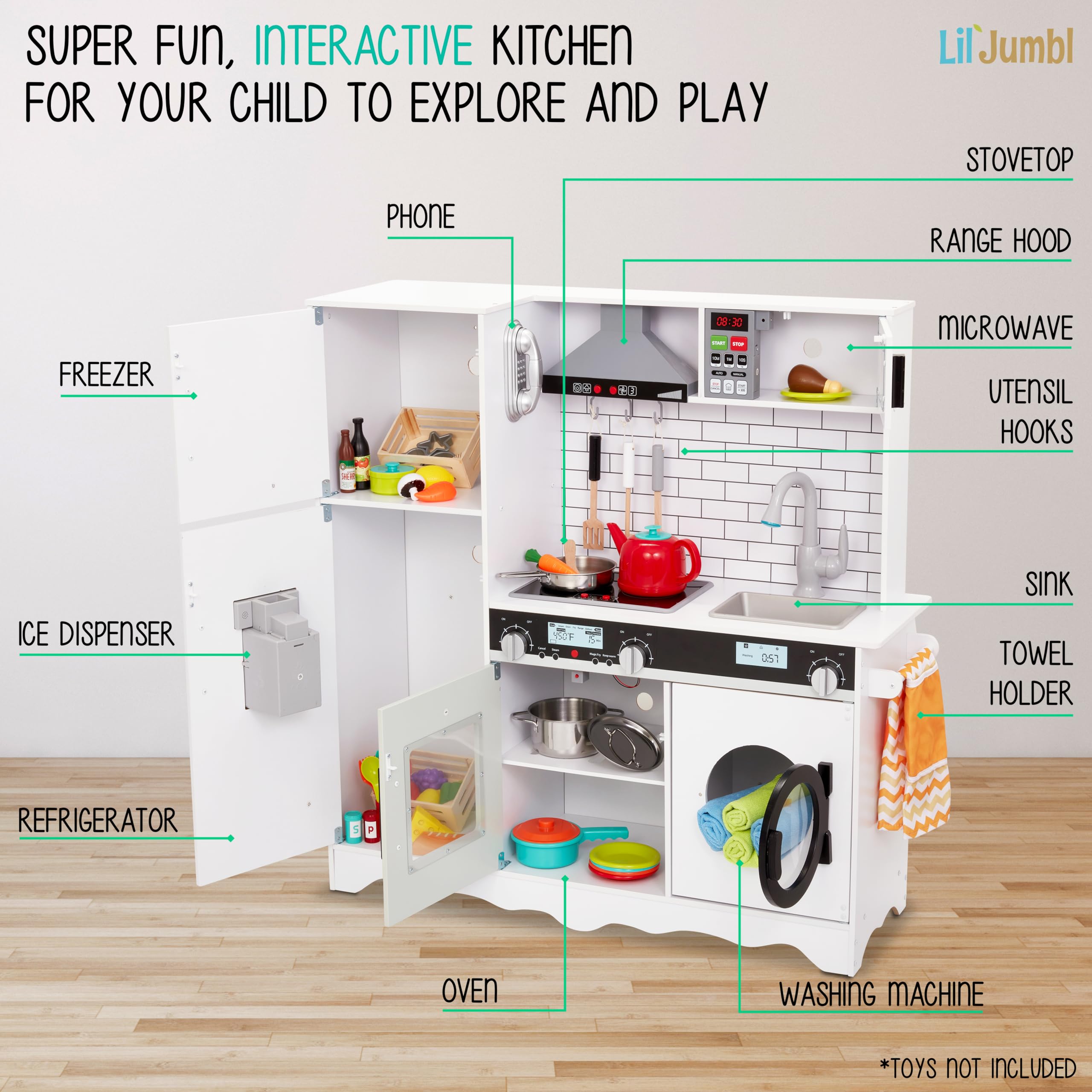 Lil’ Jumbl Kids Wooden Play Kitchen Set with Realistic Sounds & Lights - Pretend Cooking Toy with Battery Operated Icemaker, Microwave, Stove & Oven - Includes Pots, Pans & Utensils - Perfect for Toddler Pretend Play & Early Learning