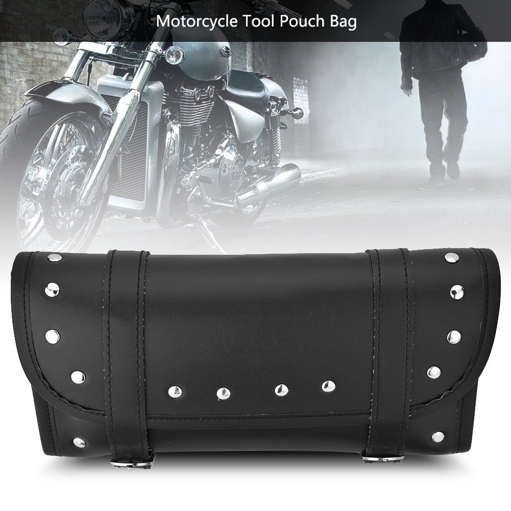 Aramox Motorcycle Handlebar Bags - Black PU Leather Motorbike Front & Rear Fork Tool Bag, Waterproof Storage Saddlebag for Adventure Touring, Commuting & Road Trips