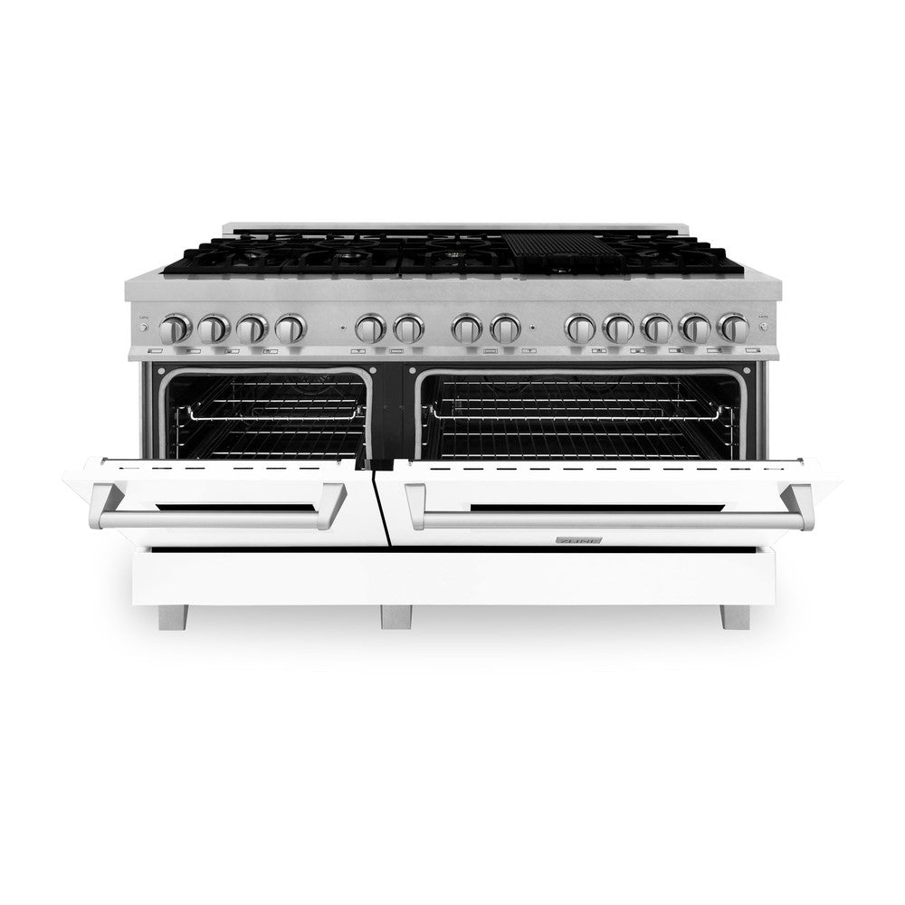 ZLINE 60-inch 7.4 cu.ft Dual Fuel Range with 9-Burner Gas Cooktop & 2 Electric Convection Ovens - Satin Stainless Steel with White Matte Doors (RAS-WM-60) | Professional Kitchen Appliance for Home Chefs & Cooking Enthusiasts