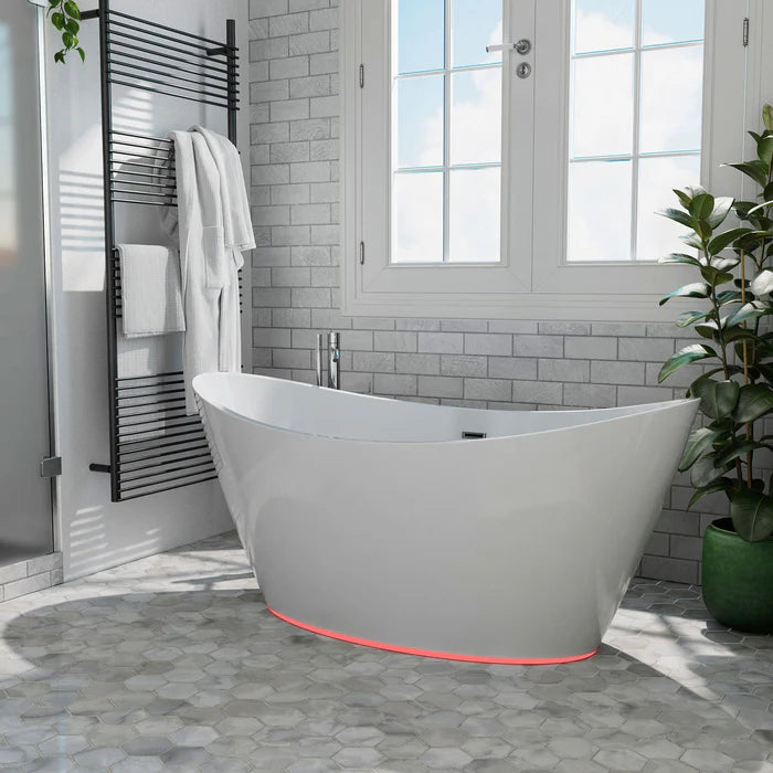 Empava 59-Inch Freestanding Soaking Bathtub with 7-Color LED Lights & Wireless Remote Control - Oval Center Drain Bathtub for Luxury Bathroom Spa Relaxation