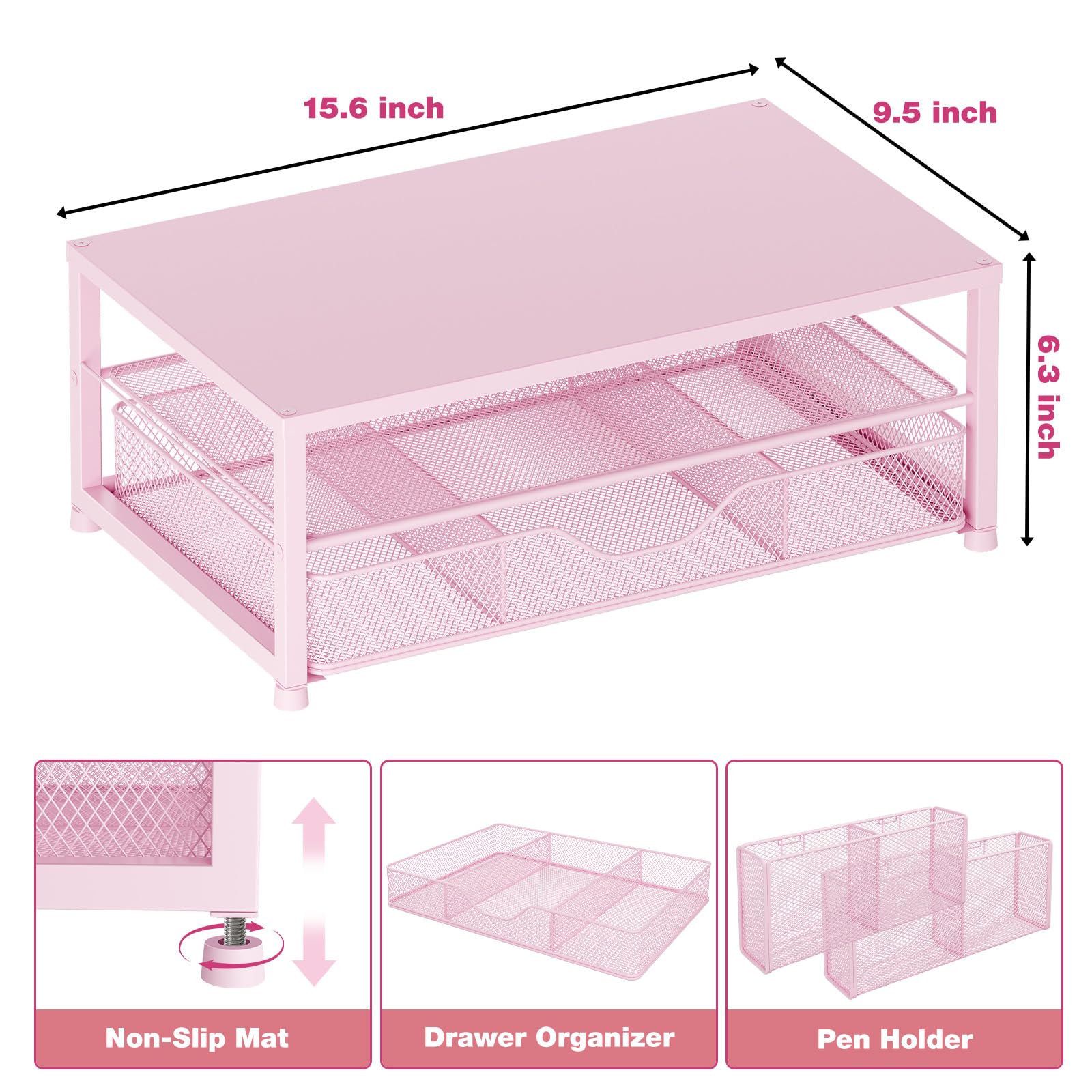 2-Tier Pink Monitor Stand with Drawer & Pen Holders - Space Saving Desk Organizer for Office Supplies | Perfect for Home Office, Workspace & Computer Desk Organization