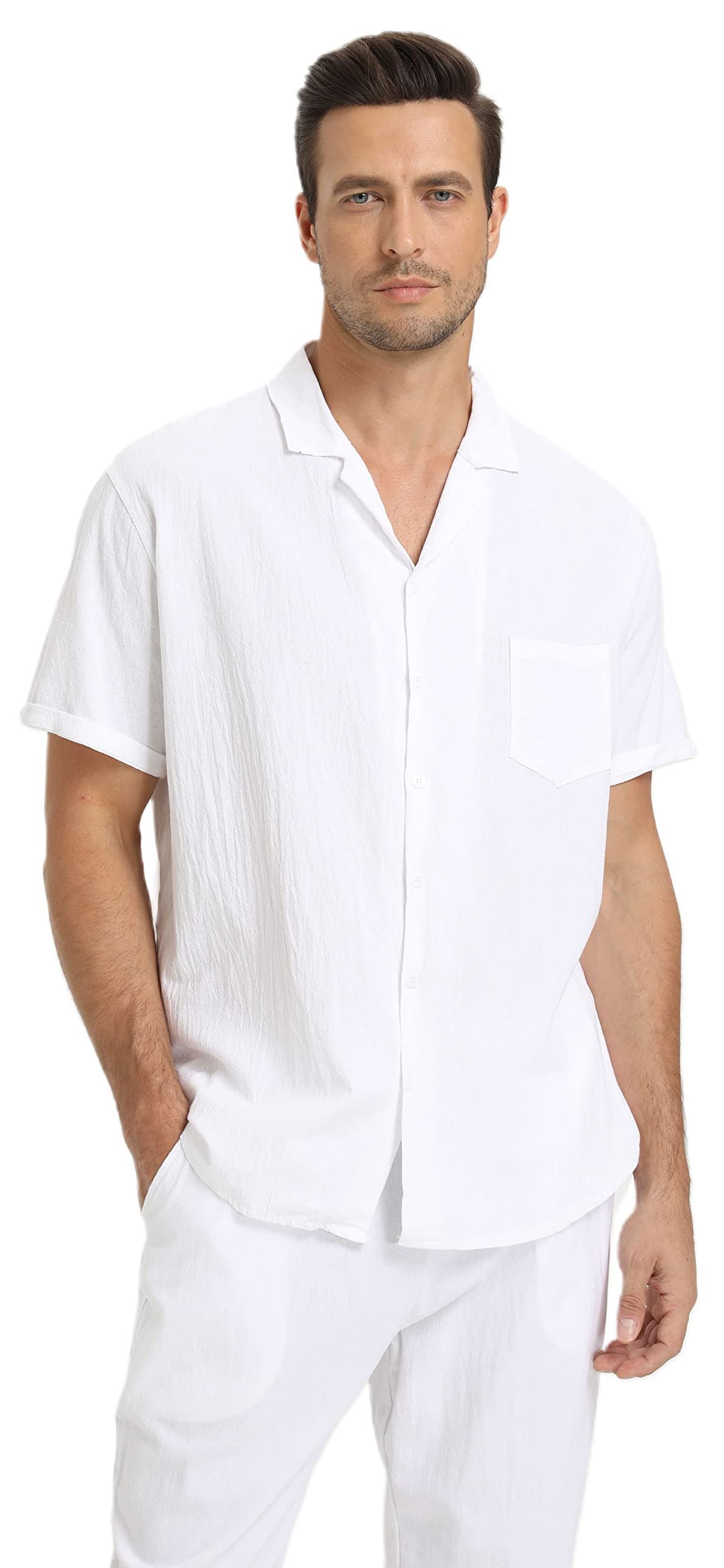 RPOVIG Men's Linen Shirt & Pants Set - 2 Piece Breathable Short Sleeve Top & Yoga Pants Outfit for Beach, Wedding & Casual Wear | Summer Comfort Linen Clothing