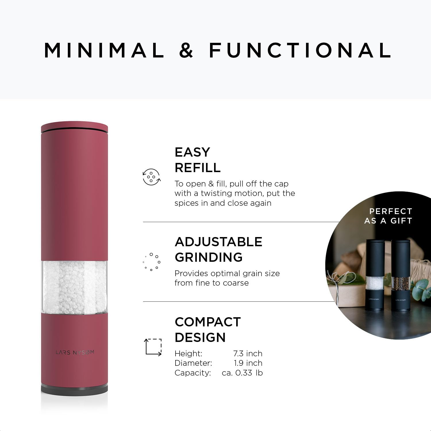Premium LARS NYSØM Salt and Pepper Grinder Set - 2-Piece Adjustable Ceramic Mill with Ergonomic Design - Manual Spice Grinder for Kitchen, Dining Table & Outdoor BBQ (Berry Red)
