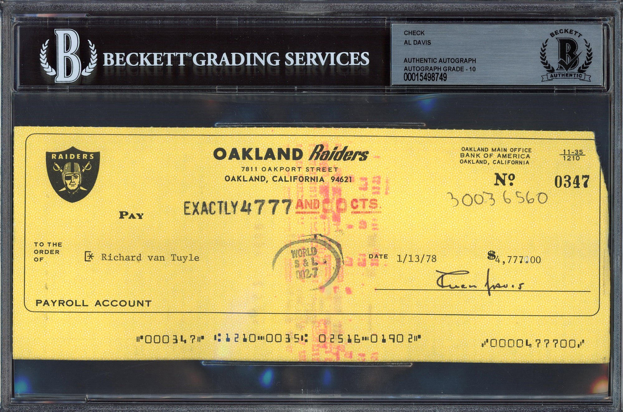 Authentic Al Davis Autographed Check - Oakland Raiders Owner - Beckett BAS #15498749 Gem Mint 10 Graded - Perfect for Raiders Memorabilia Collection & Sports Fan Gifts