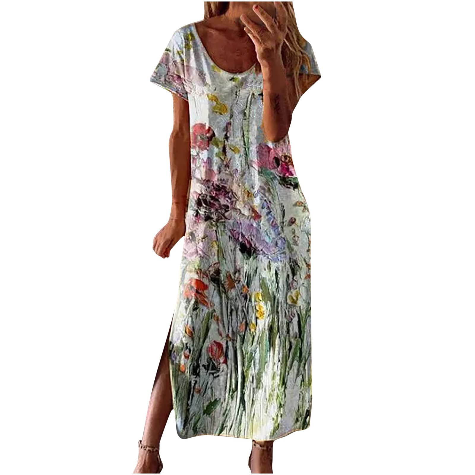 **Women's Bohemian Floral Print Maxi Summer Dress 2022 - Short Sleeve T-Shirt Dress with Crewneck, Casual Long Dress for Beach, Vacation & Outdoor Activities**