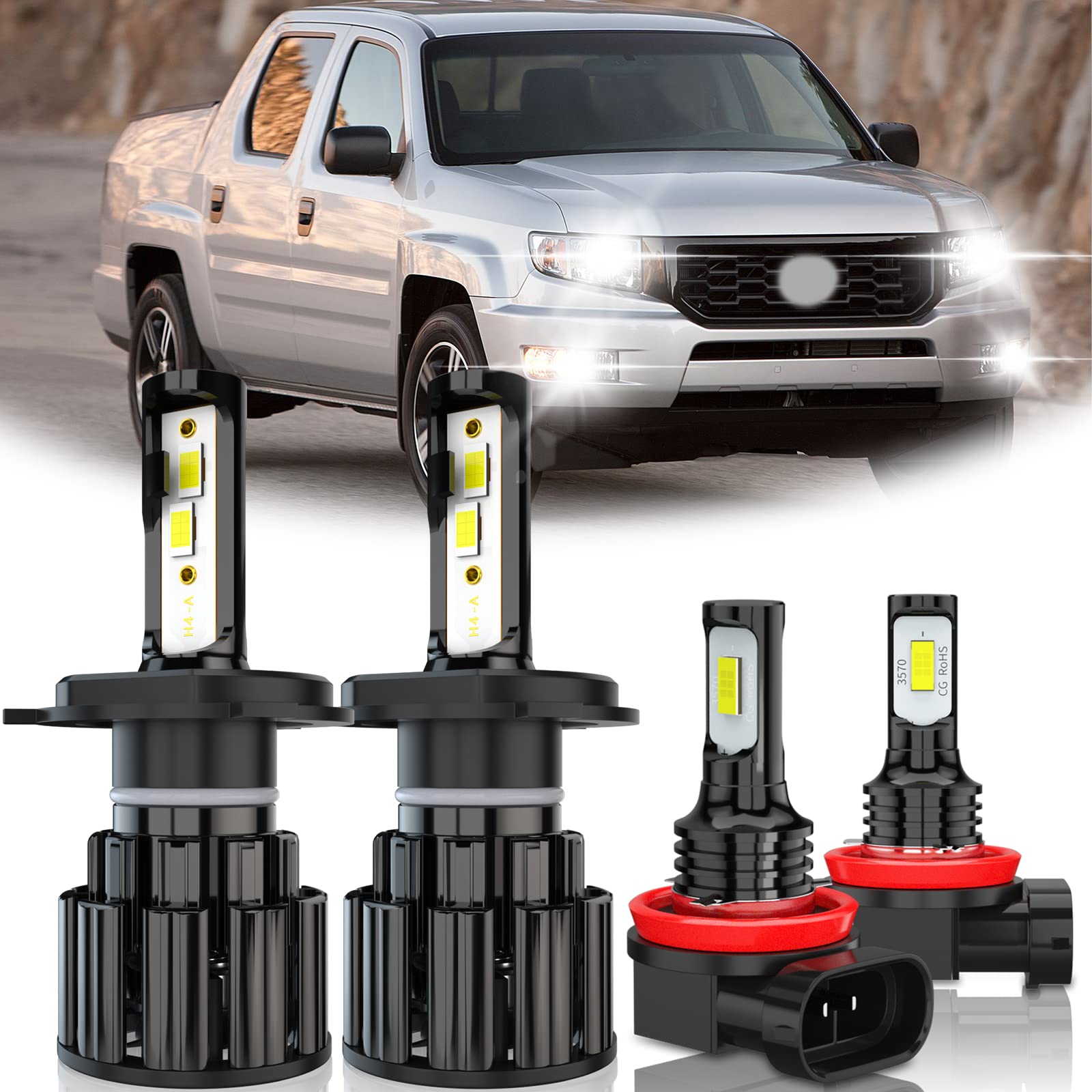 **2006-2014 Honda Ridgeline LED Headlight Bulbs Kit - H4 High/Low Beam & H11 Fog Lights - 60W 10000LM 6000K Cool White Super Bright CSP LED Bulbs - Plug and Play (Pack of 4) - Perfect for Night Driving & Off-Road Adventures**