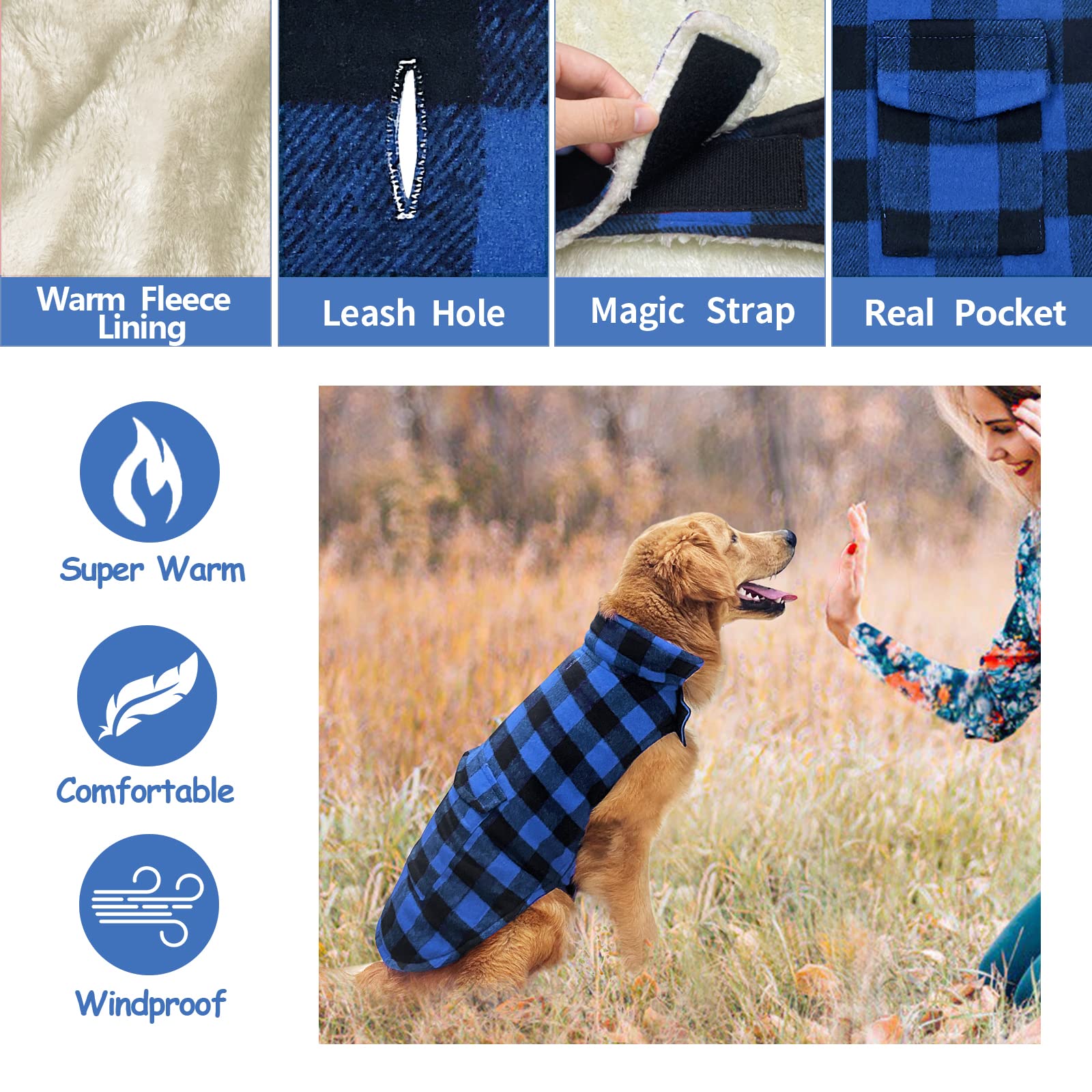 Malier Classic Plaid Fleece Dog Winter Coat - Windproof Warm Dog Jacket with Pocket for Small Medium Large Dogs (Blue, Medium) | Cold Weather Pet Apparel for Outdoor Walks & Winter Adventures