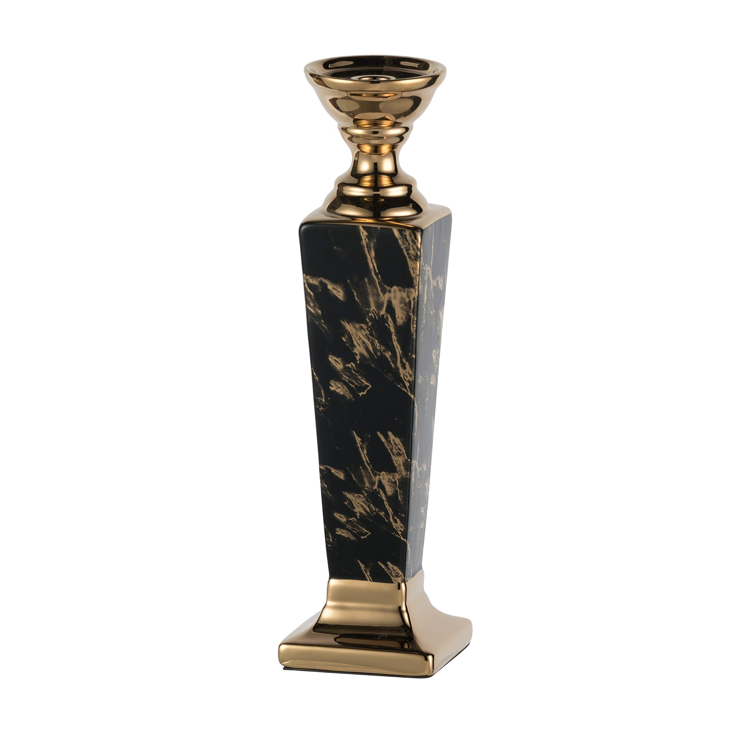 Elegant 15-inch Gloss Black & Gold Ceramic Candle Holder - Modern Home Decor for Dining Table, Wedding Centerpiece & Luxury Gift Idea