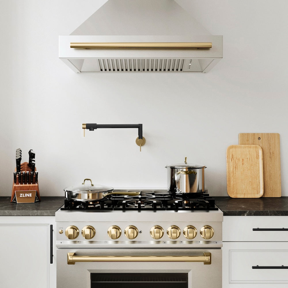 ZLINE Autograph Edition Gemini Pot Filler Faucet - Matte Black & Champagne Bronze Finish - Commercial Style Kitchen Sink Faucet for Professional Chefs & Home Cooks - Perfect for High-End Kitchens & Restaurant Use (GEM FPF ZMBCB)