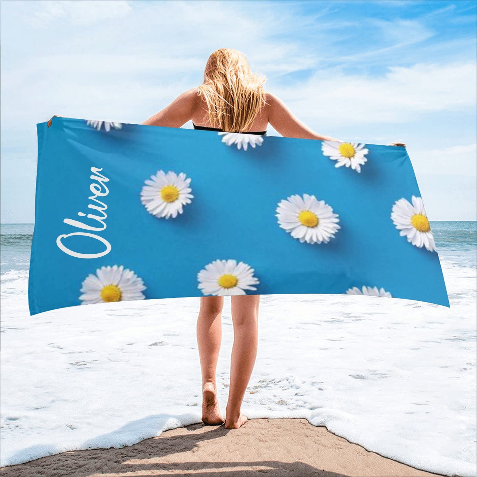 Custom Personalized White Daisy Flower Beach Towel with Name - Quick Dry Absorbent Bath Towel 30x60 Inches - 2 Sided Printing for Pool, Beach, Vacation & Summer Outdoor Use