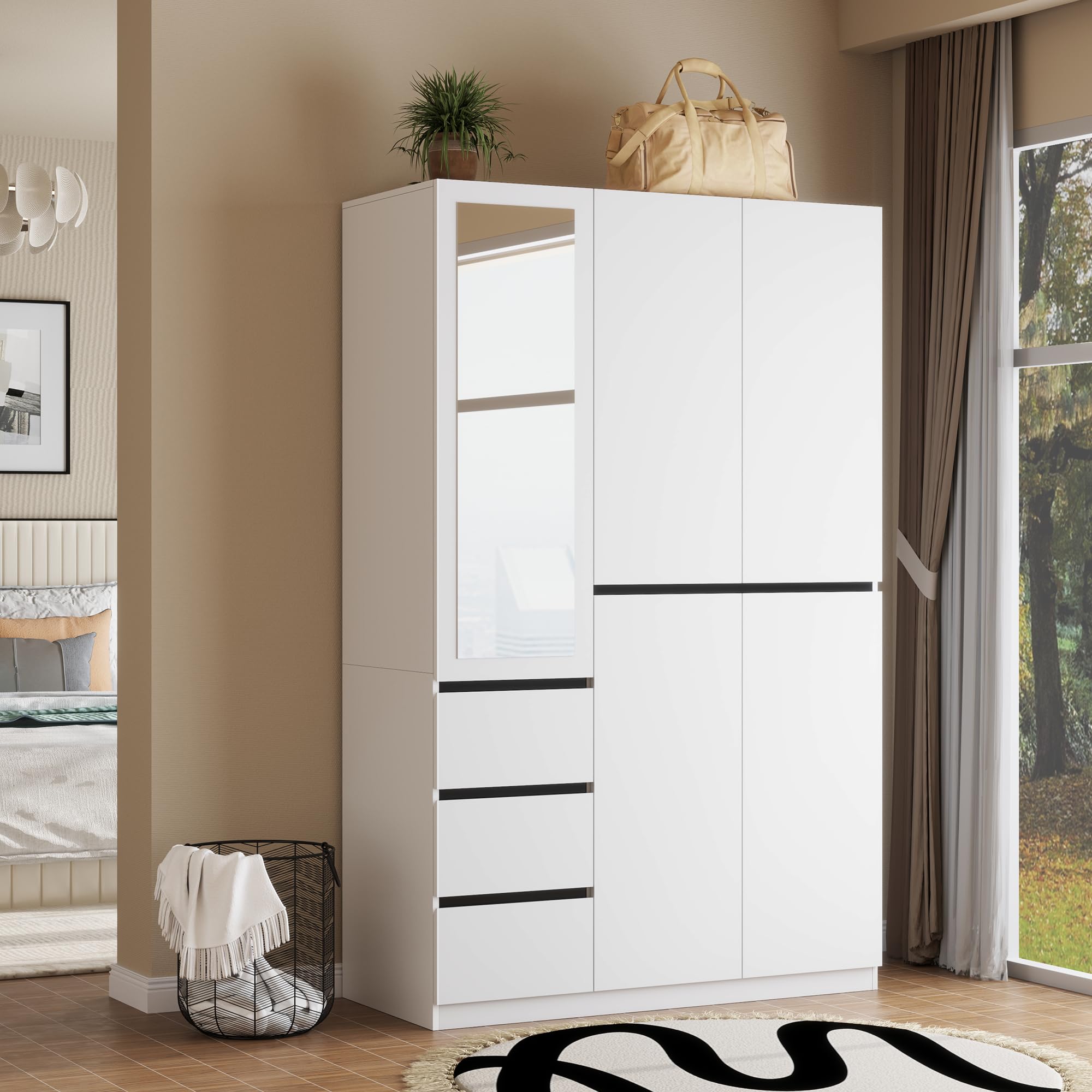 5-Door Wooden Armoire Wardrobe with 3 Drawers, Full-Length Mirror & Hanging Rod - Freestanding Closet Cabinet with Shelves for Bedroom, Guest Room, Dorm (White) - Perfect for Clothes Storage, Shoe Organization & Bedroom Decor