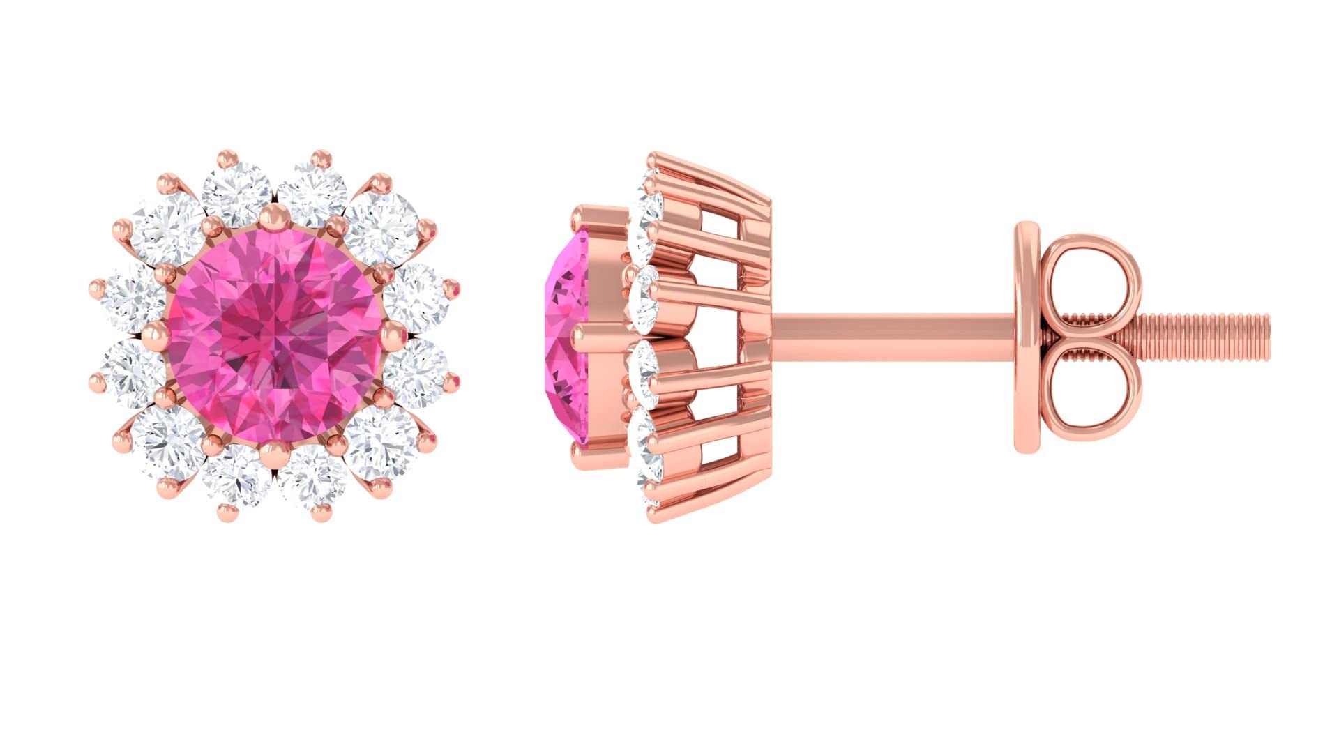 1 CT Pink Sapphire & Moissanite Stud Earrings - 4MM Round Cut Pink Gemstone Earrings with Halo Moissanite in 14K Solid Gold - Perfect for Weddings, Anniversaries & Everyday Elegance
