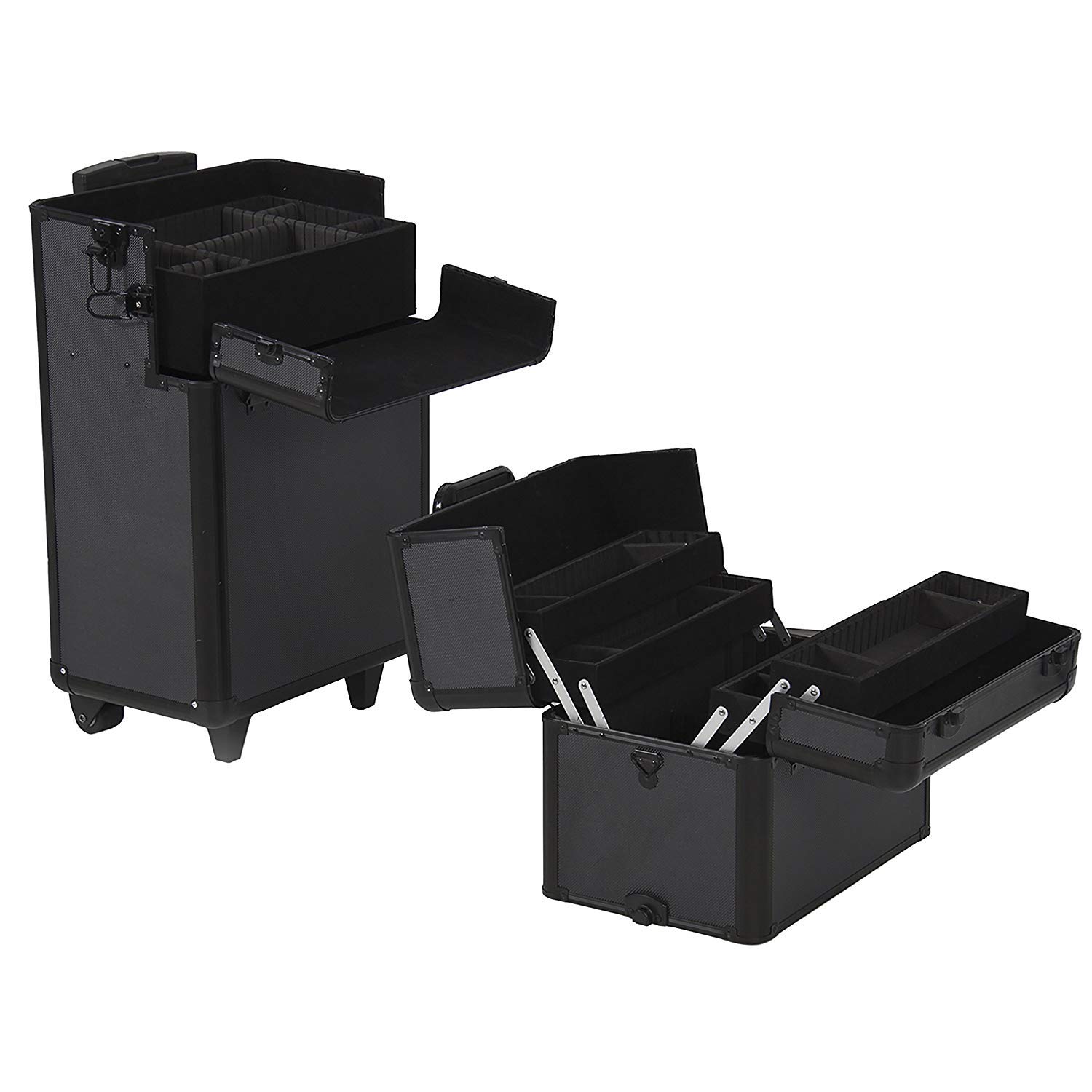 Professional 2-in-1 Rolling Makeup Train Case with Black Aluminum Body - Portable Cosmetic Organizer for MUA Artists & Beauty Professionals - Perfect for Salon, Travel, and On-Site Makeup Services