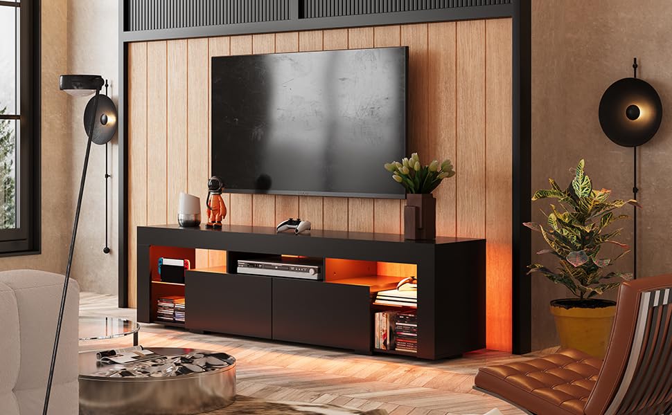 WLIVE 63 Inch TV Stand for 60-70 Inch TVs - Modern LED Entertainment Center with 2 Drawers - Black TV Console for Living Room - Perfect for Home Theater & Family Entertainment