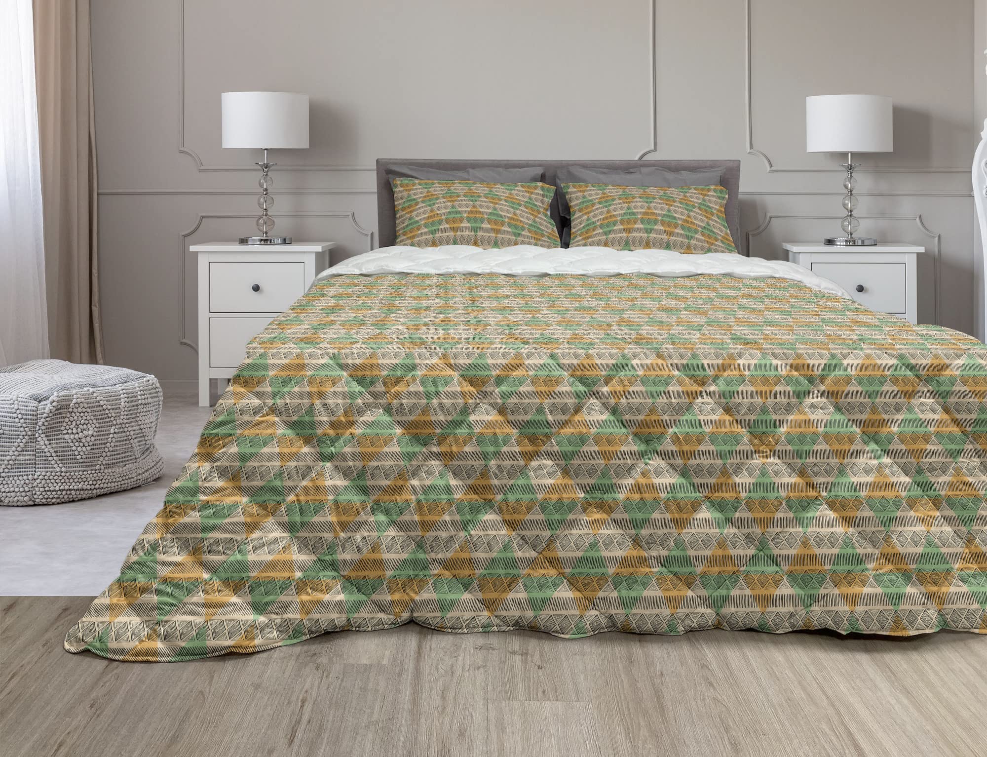 Ambesonne African Print Comforter Set - Geometric Diagonal Stripes Earth Tones Microfiber Duvet Cover & Sham, Twin XL, Pale Coffee Beige & Green | Boho Chic Bedroom Decor, Guest Room & Dorm Essentials