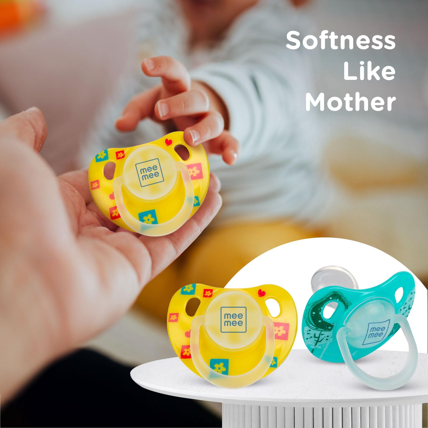 Mee Mee Orthodontic Baby Pacifier - BPA Free, Newborn to 6 Months, Yellow & Green Soothing Teether - Perfect for Daytime Comfort & Nighttime Sleep