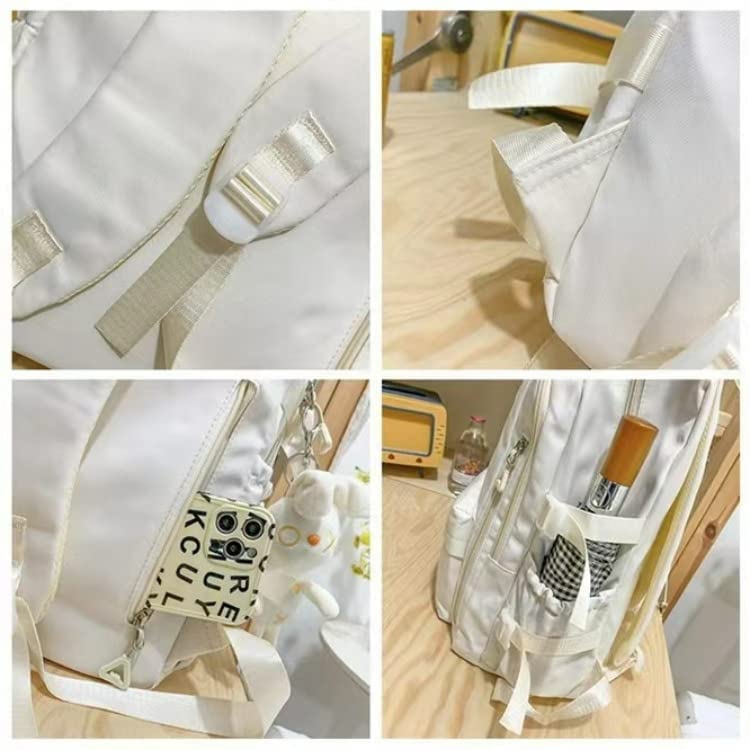 Stylish Preppy Backpack with Bunny Plush - Cute Aesthetic School Bag for College, Kawaii Korean Fashion Accessory (White, One Size) - Perfect for Campus, Travel & Daily Use