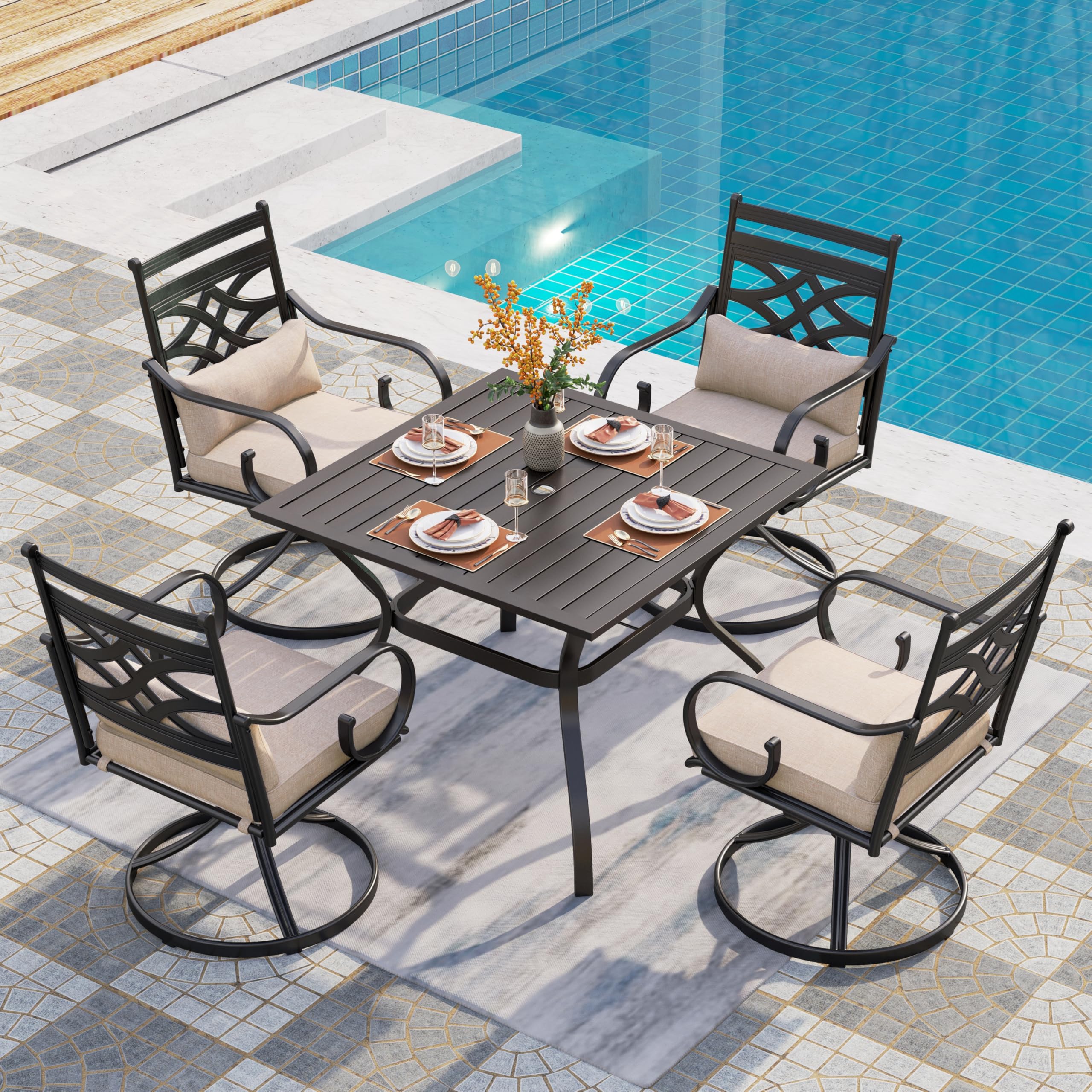 PHI VILLA 5-Piece Outdoor Patio Dining Set with Swivel Chairs - Steel Square Table & Cushioned Seating for 4 - Perfect for Garden, Lawn, Deck & Backyard Entertaining