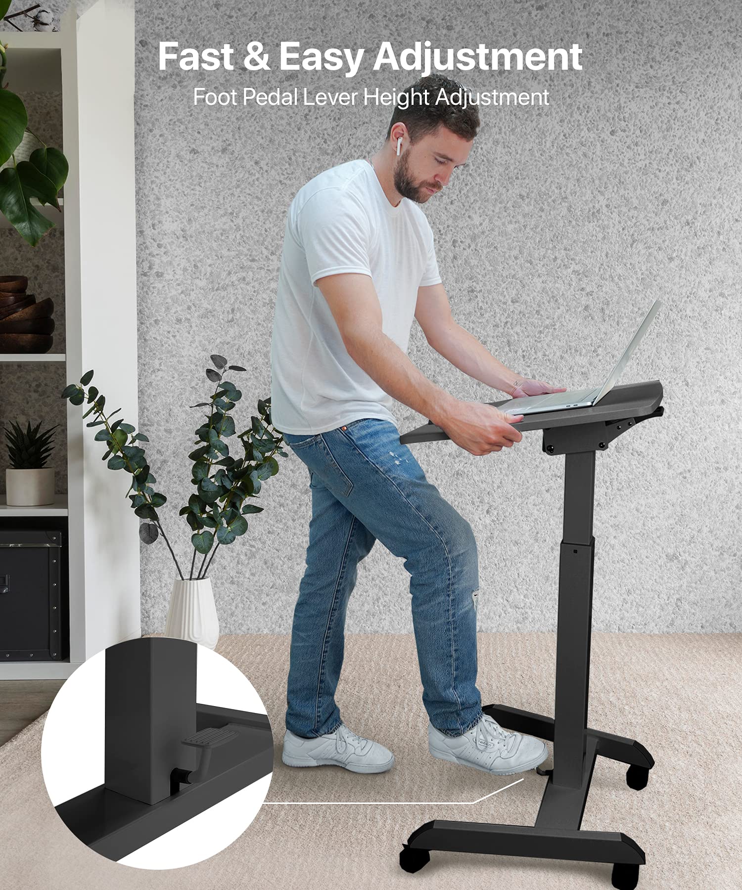 Adjustable Mobile Podium Stand with Wheels - Pneumatic Standing Desk & 30° Tilting Top, Portable Lectern for Office, Classroom & Home Use - Ideal for Presentations, Meetings & Computer Work (Black)