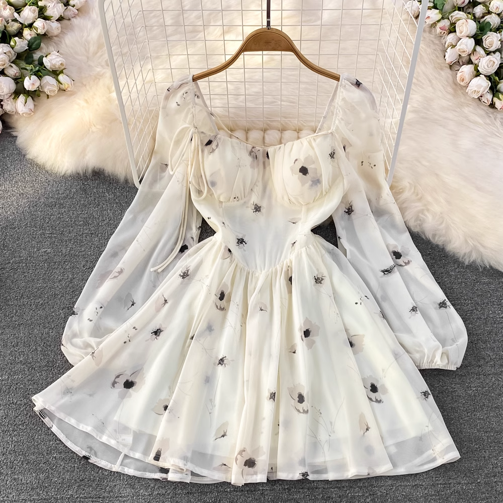 Korean Style Square Neck Long Sleeve Floral A-Line Princess Puffy Dress for Women - Elegant Party, Wedding Guest, or Special Occasion Outfit