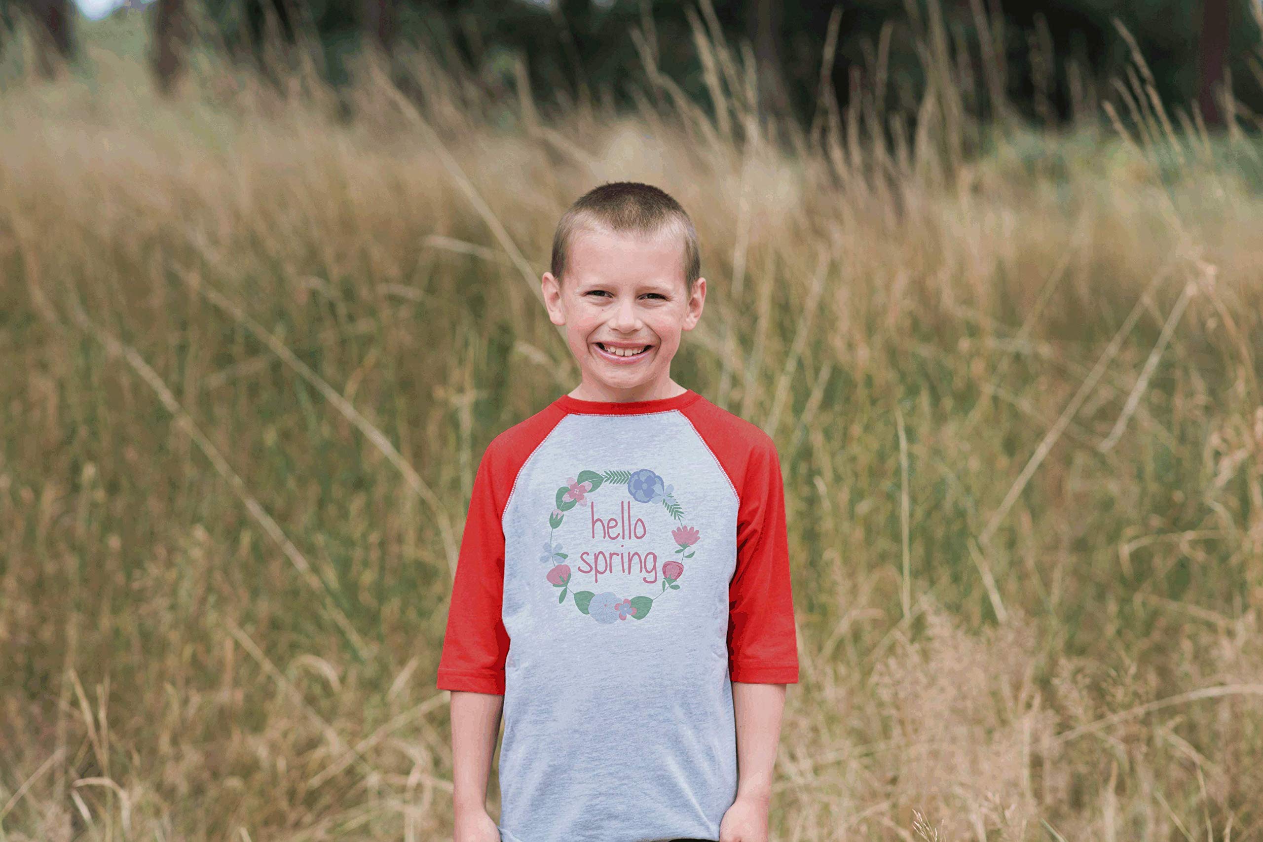 7 ate 9 Apparel Kids Hello Spring Red Raglan T-Shirt - Comfortable Short Sleeve Top for Boys & Girls - Perfect for Spring Outfits, Playdates & Family Photos