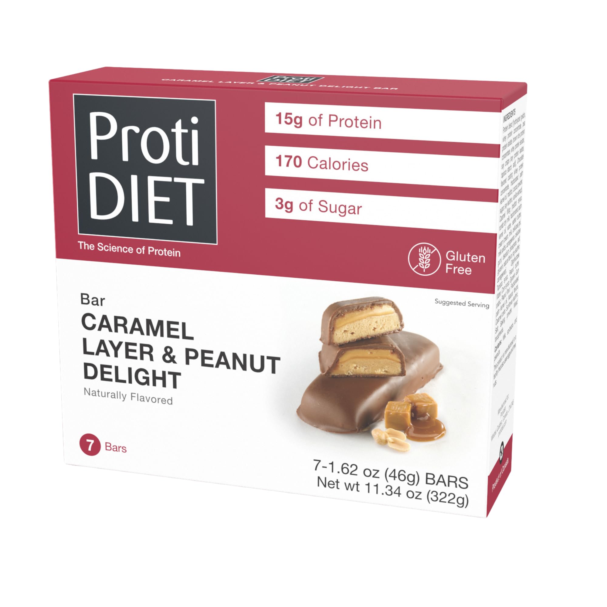 ProtiDIET Caramel Peanut Protein Bars - 15g Protein, Gluten Free, Collagen Enriched - 7 High Protein Snack Bars Per Box - Perfect for Workouts, Travel & Healthy On-the-Go Snacking