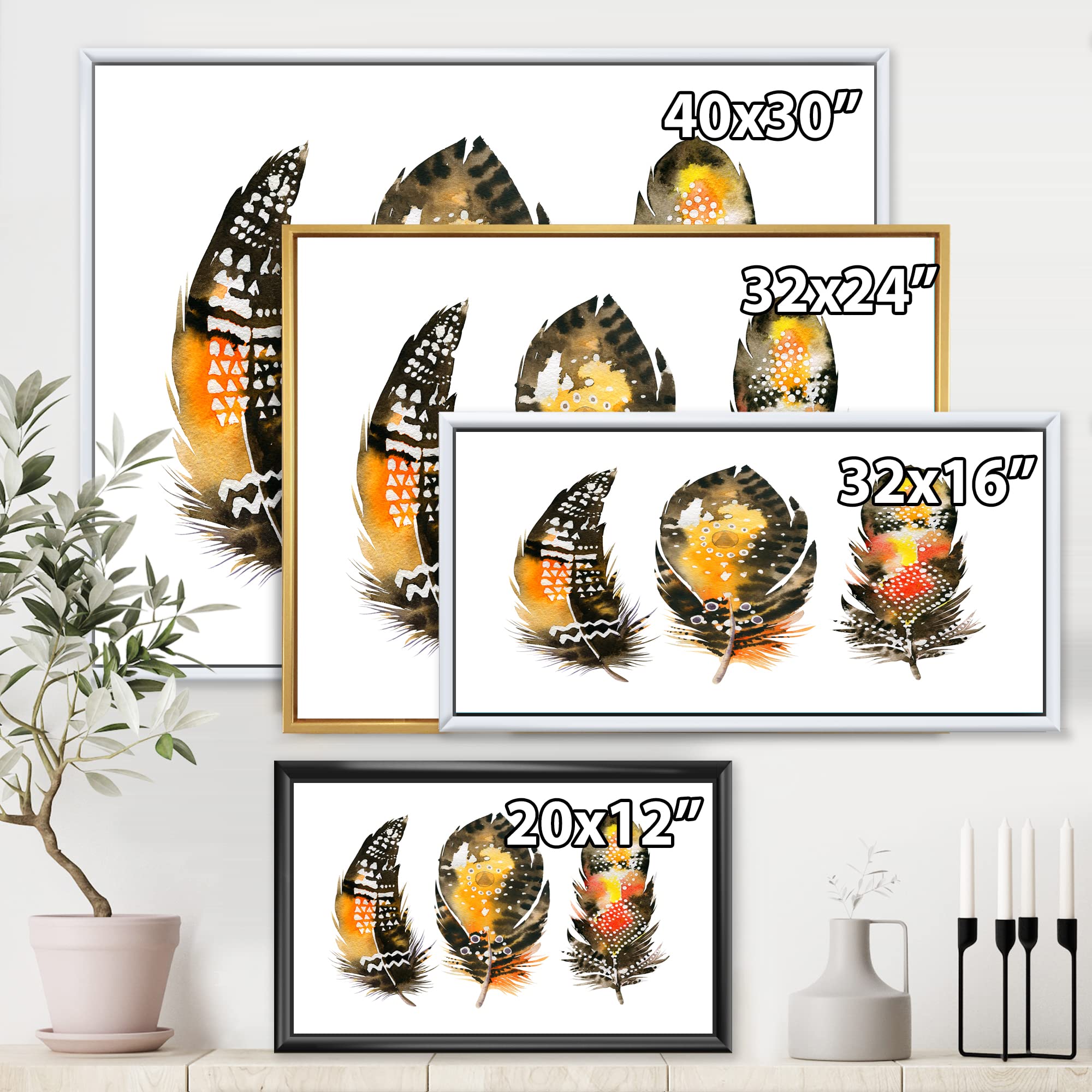 Bohemian Orange Feathers Framed Canvas Wall Art Print - Ethnic Boho Decor for Living Room, Bedroom & Office | Handmade Eclectic Home Decor