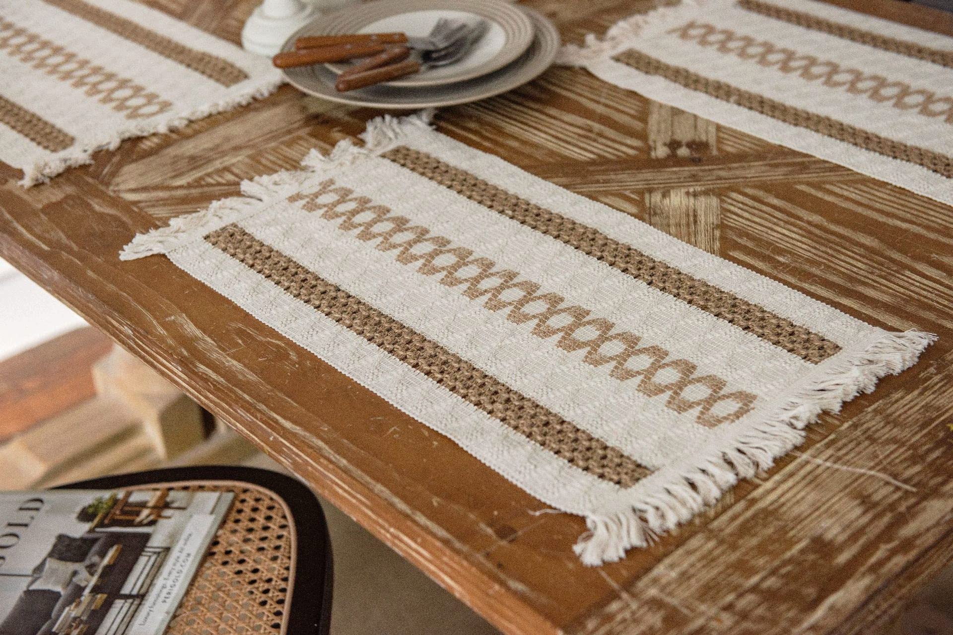 Set of 4 Bohemian Style Handmade Macrame Cotton Placemats - Rectangle Woven Jute Table Mats with Tassel Fringe for Farmhouse Dining, Coffee Table Decor & Kitchen Accessories | Perfect for Boho Home Decor, Dinner Parties & Rustic Tablescapes